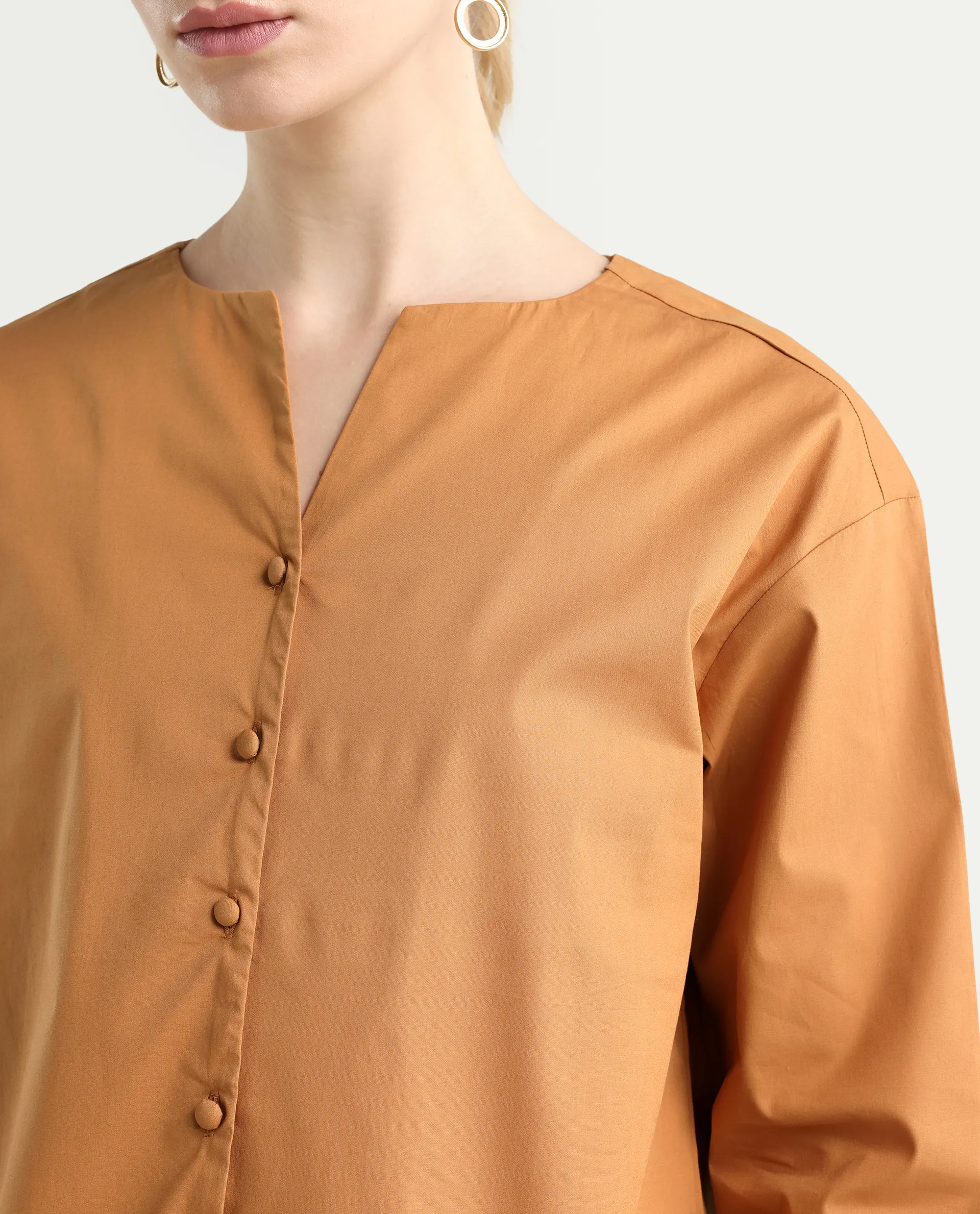 Rareism Women's Nagoya Light Brown Crew Neck Plain Cuffed Sleeve Regular Fit Top - Image 4