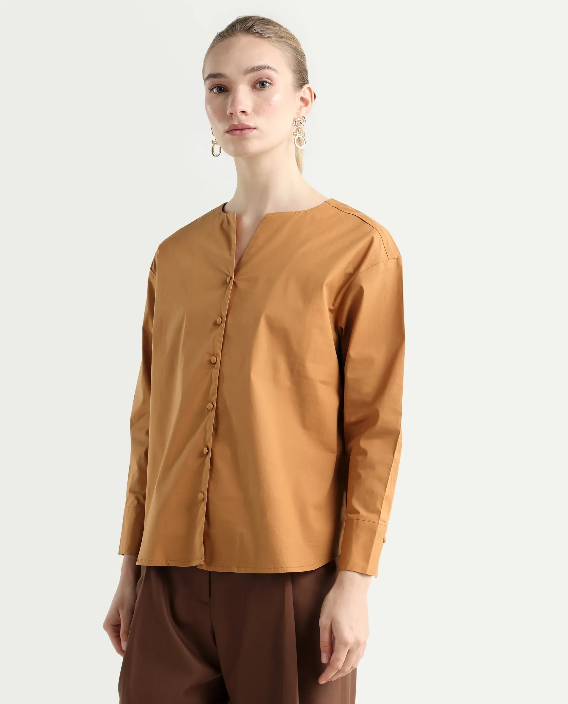 Rareism Women's Nagoya Light Brown Crew Neck Plain Cuffed Sleeve Regular Fit Top - Image 5