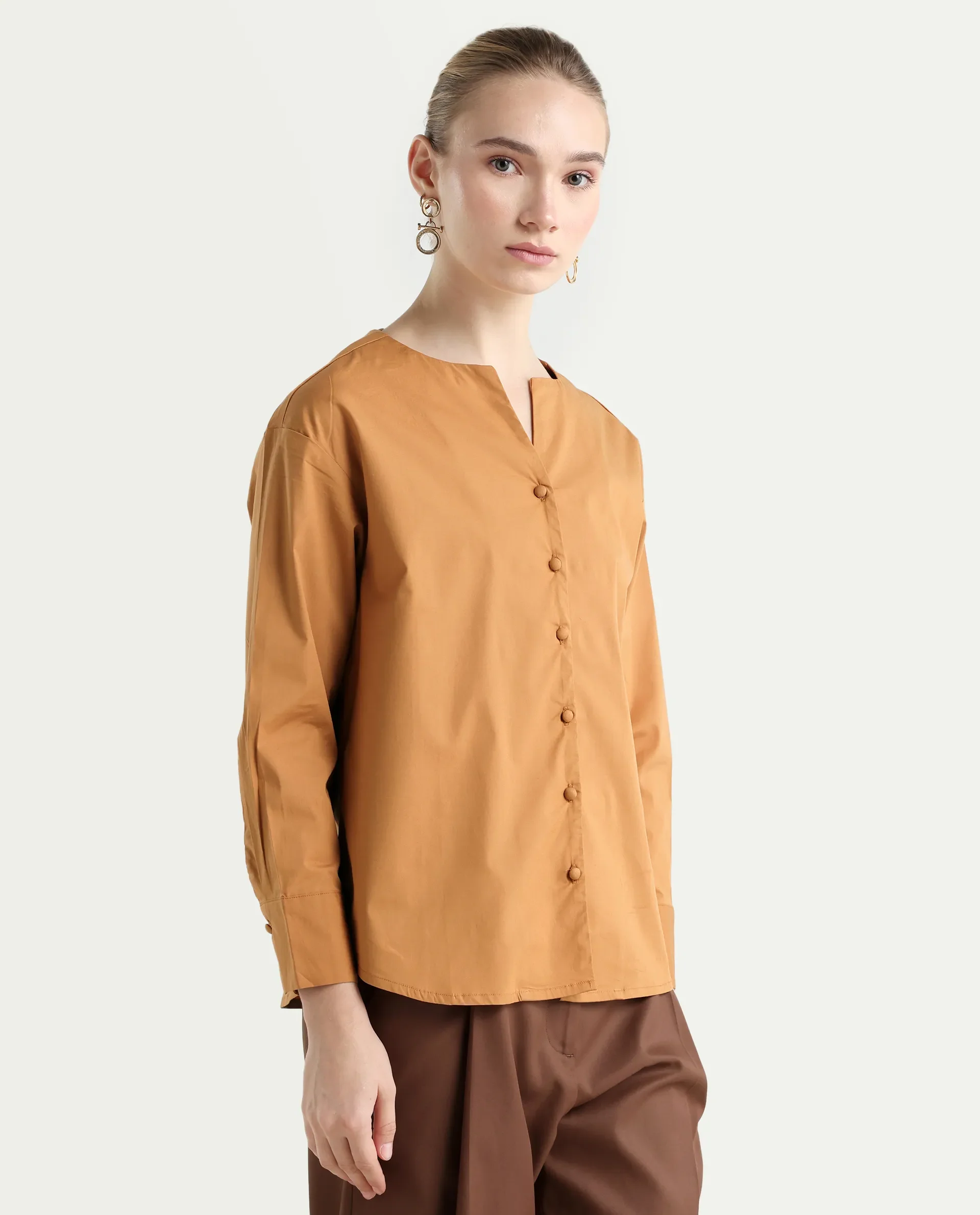 Rareism Women's Nagoya Light Brown Crew Neck Plain Cuffed Sleeve Regular Fit Top - Image 6
