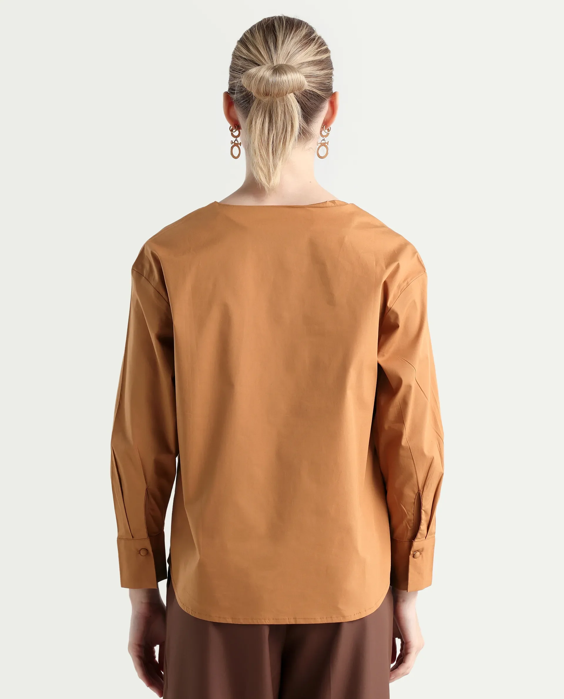 Rareism Women's Nagoya Light Brown Crew Neck Plain Cuffed Sleeve Regular Fit Top - Image 7
