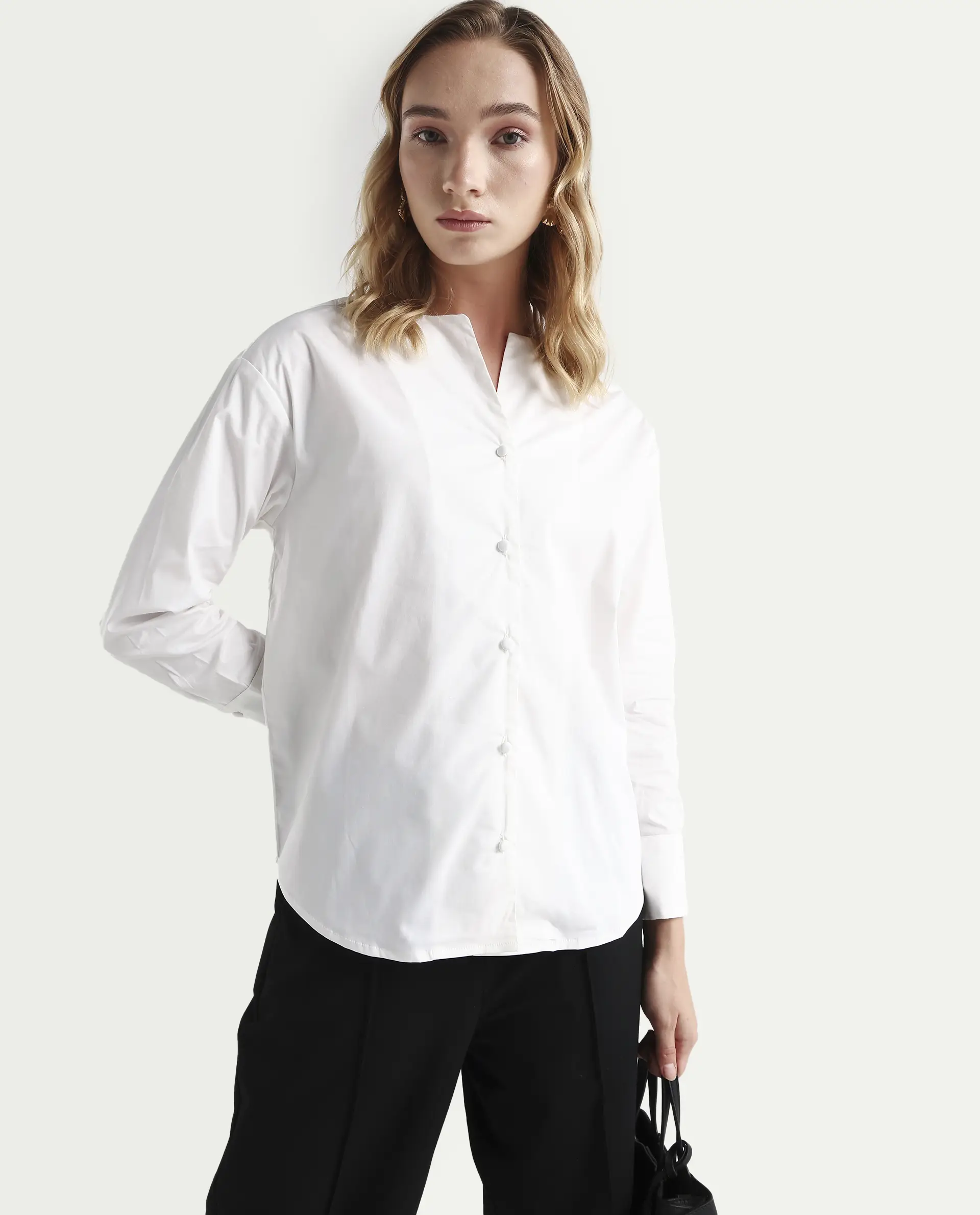 Rareism Women's Nagoya White Cotton Blend Crew Neck Plain Cuffed Sleeve Regular Fit Top