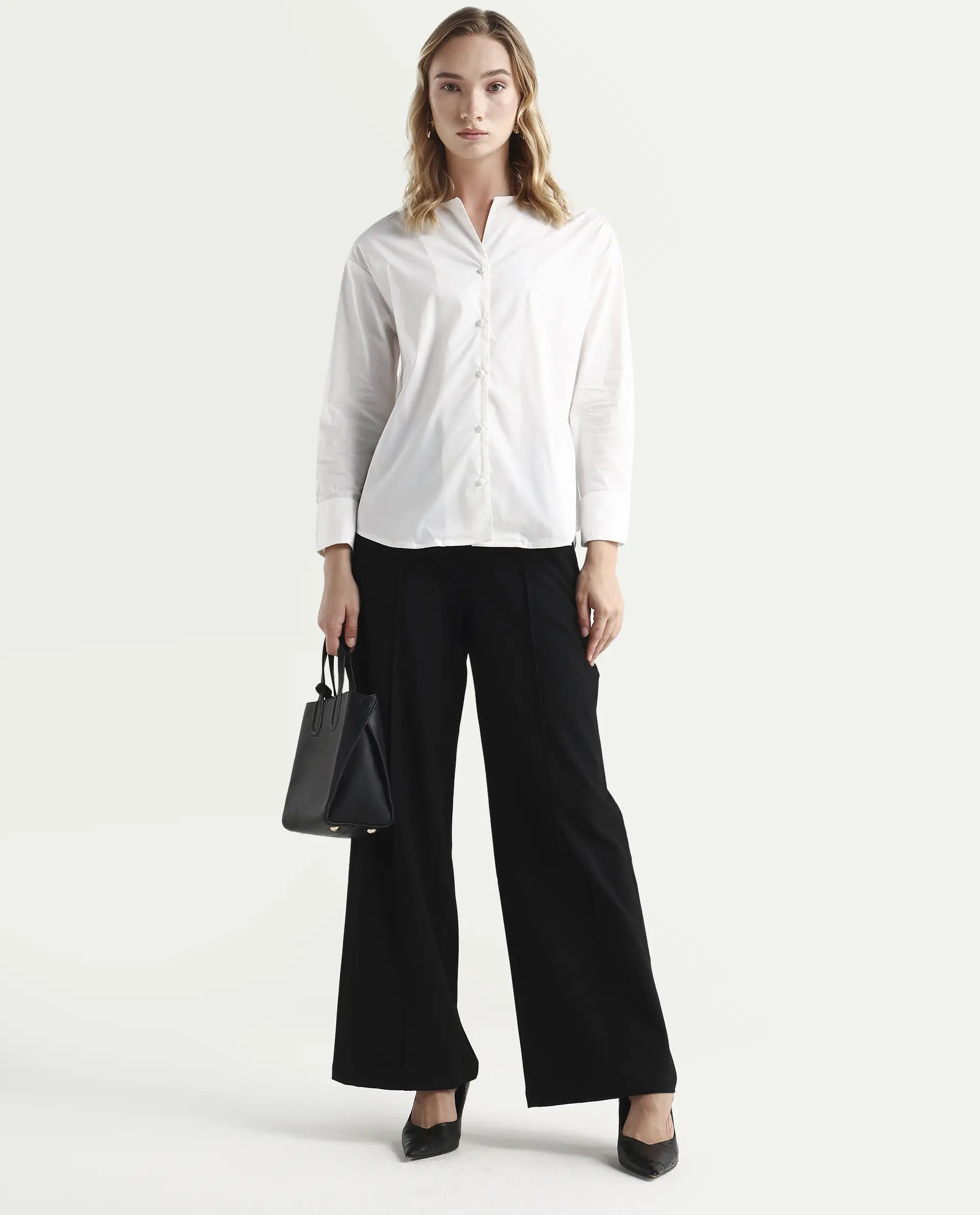 Rareism Women's Nagoya White Cotton Blend Crew Neck Plain Cuffed Sleeve Regular Fit Top - Image 2