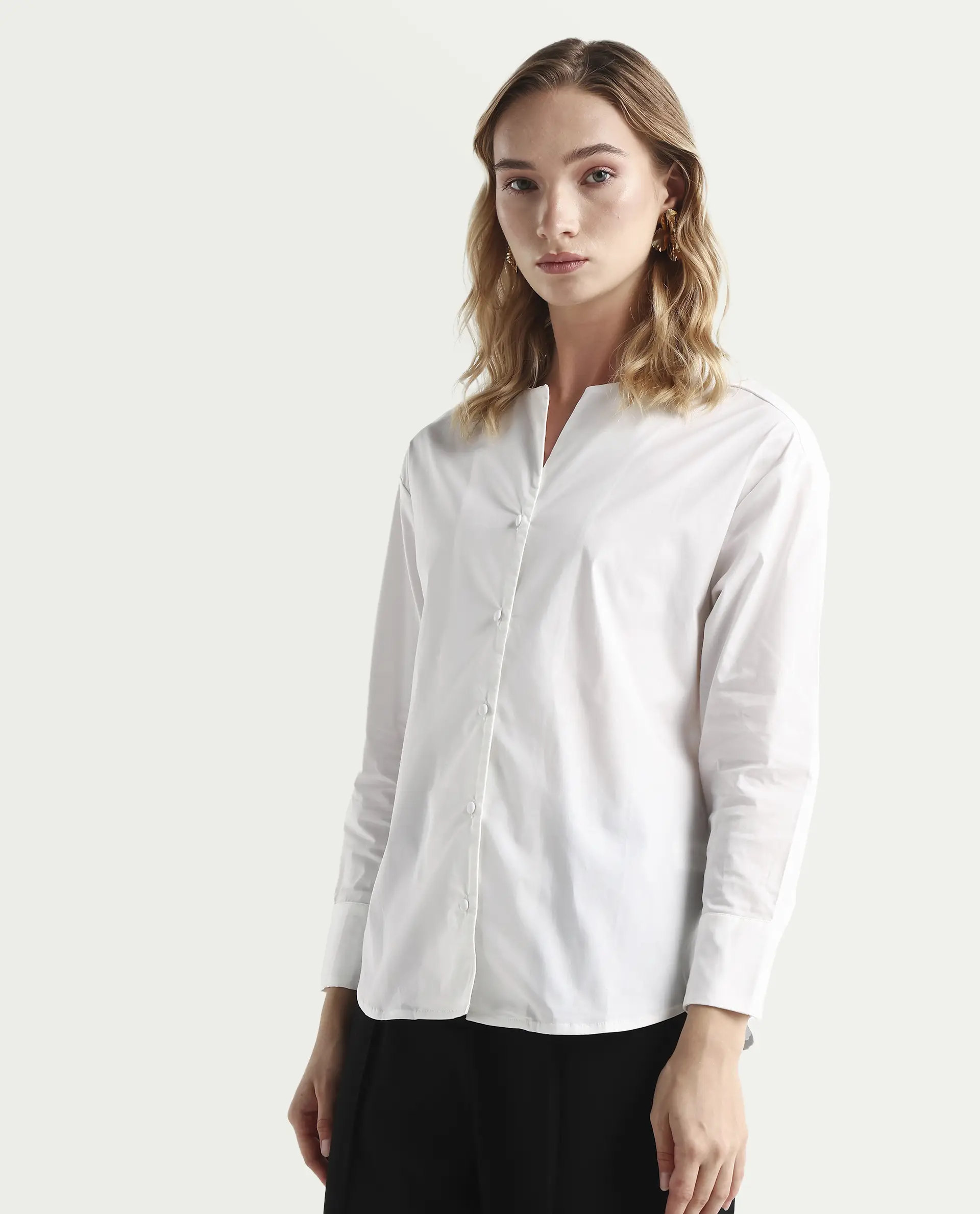 Rareism Women's Nagoya White Cotton Blend Crew Neck Plain Cuffed Sleeve Regular Fit Top - Image 5