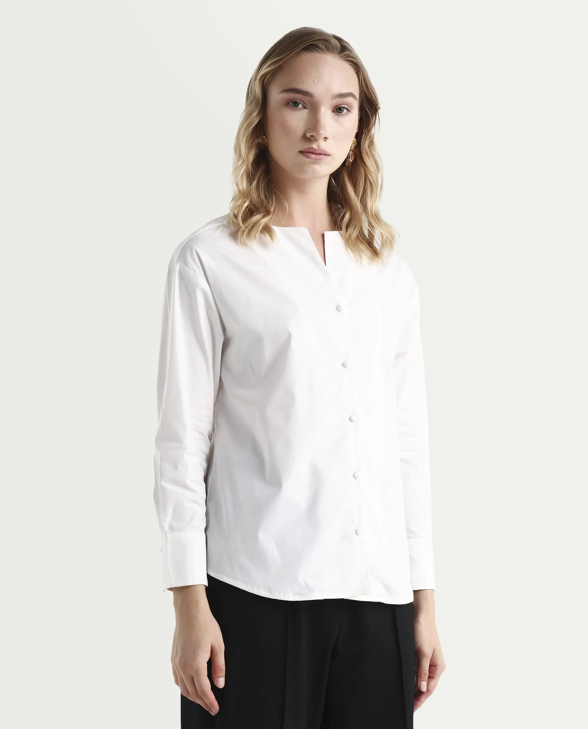 Rareism Women's Nagoya White Cotton Blend Crew Neck Plain Cuffed Sleeve Regular Fit Top - Image 6