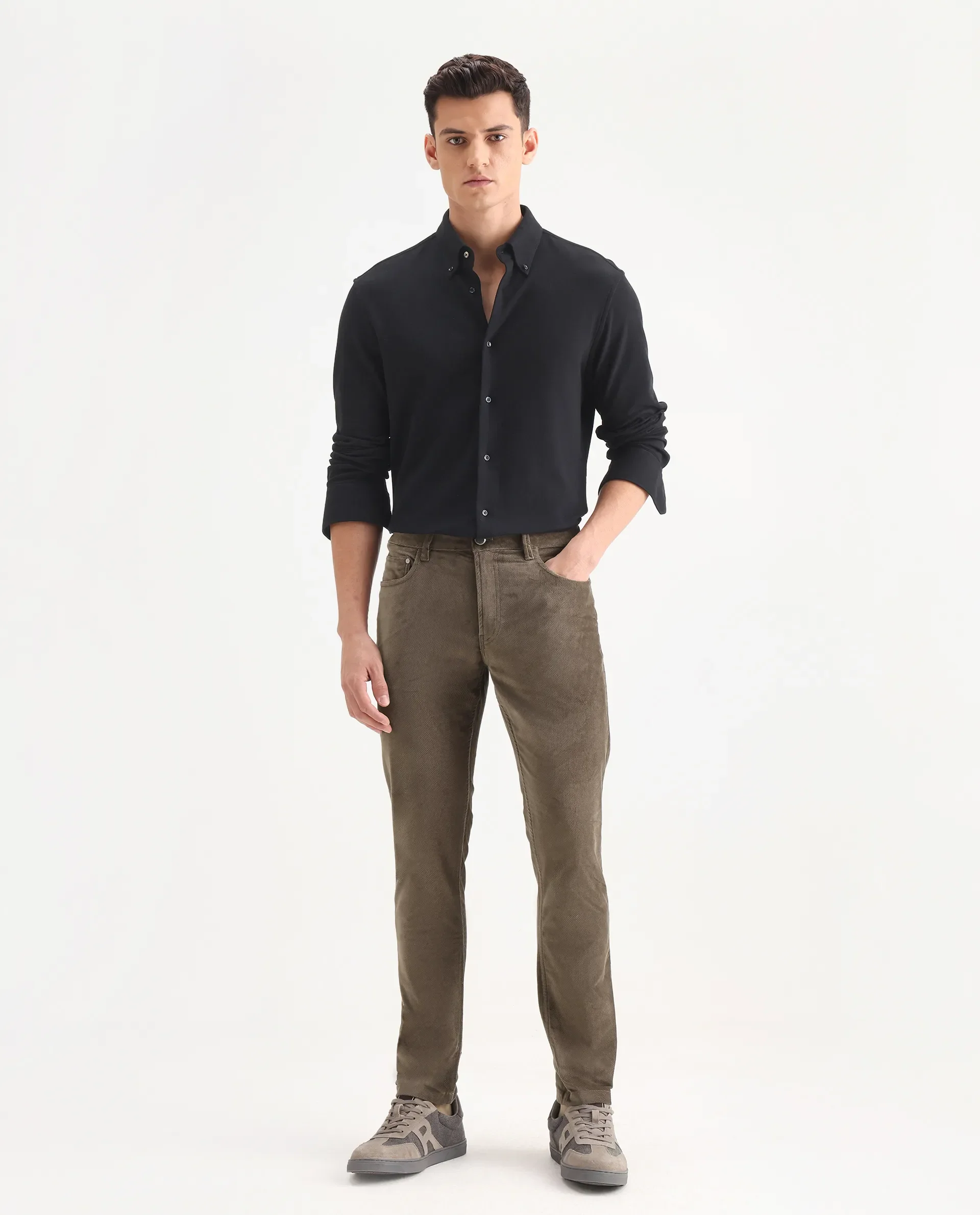 Rare Rabbit Men's Nahor Brown Cotton Plain Regular Fit Trouser - Image 4