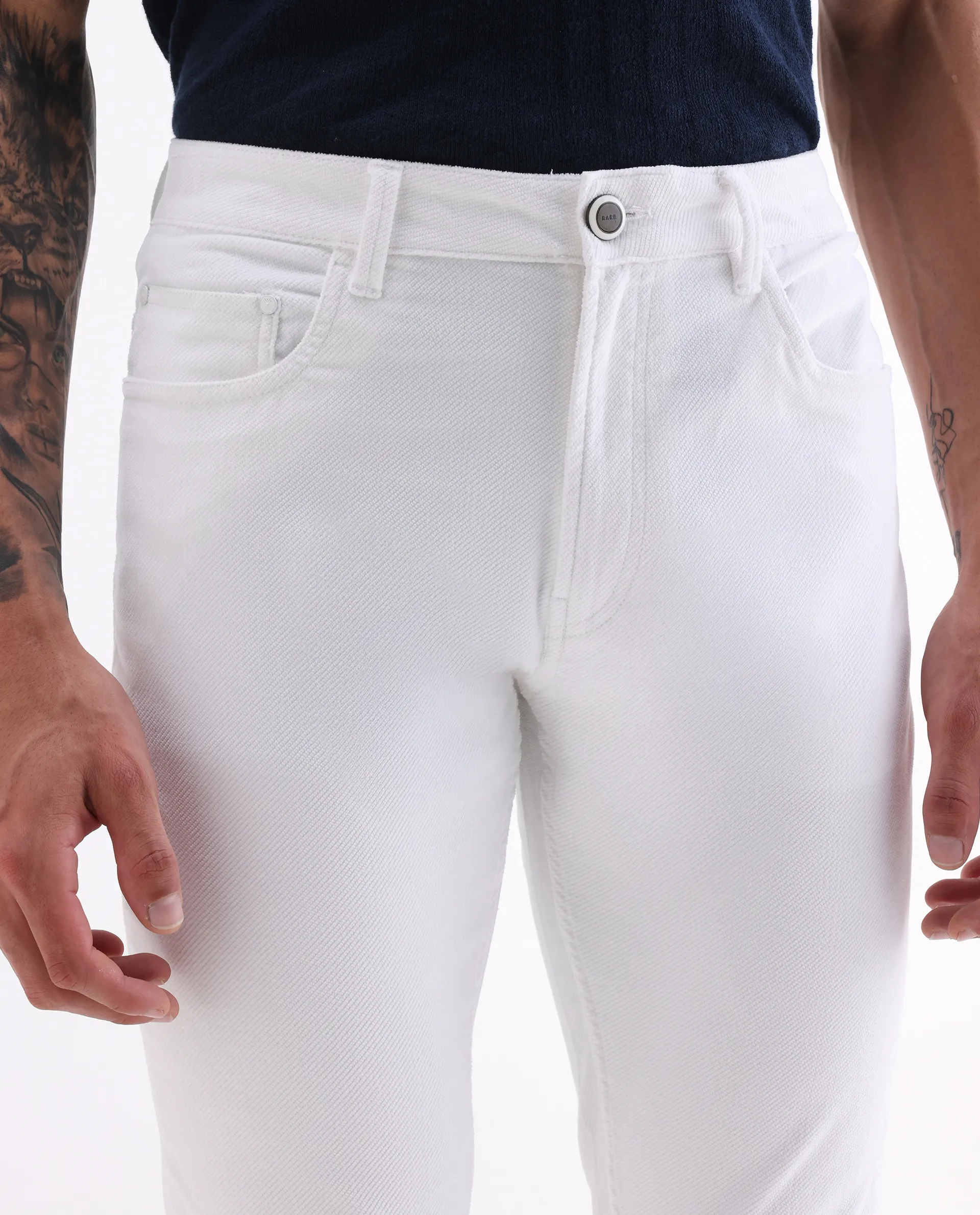 Rare Rabbit Men's Nahor White Cotton Plain Regular Fit Trouser - Image 3