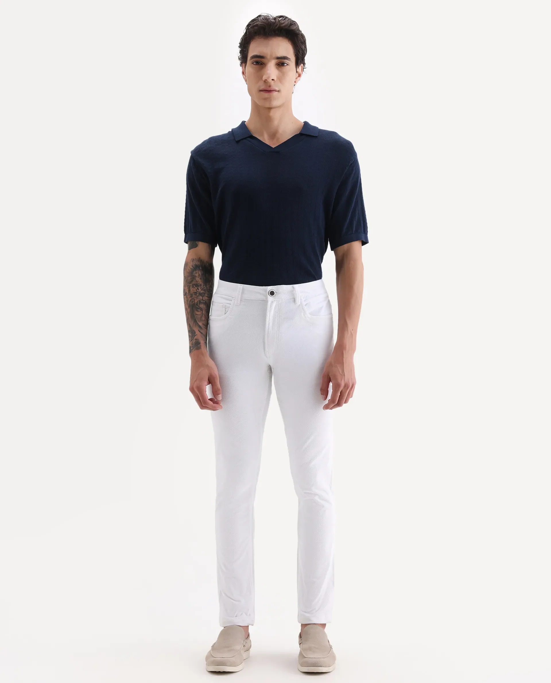 Rare Rabbit Men's Nahor White Cotton Plain Regular Fit Trouser - Image 4
