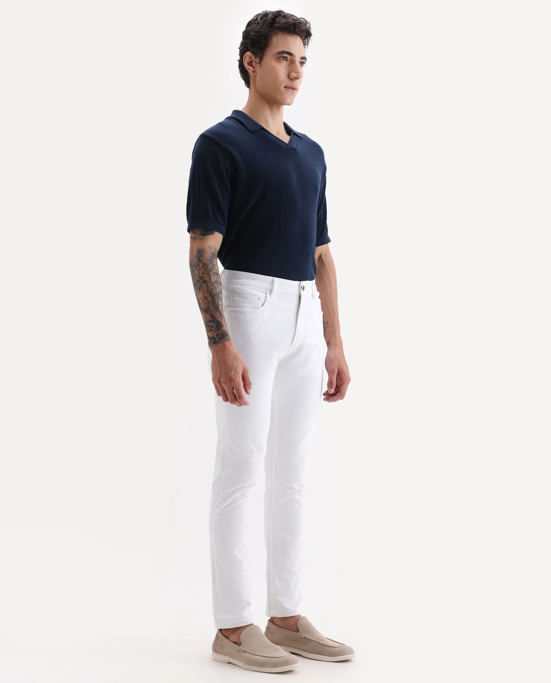 Rare Rabbit Men's Nahor White Cotton Plain Regular Fit Trouser - Image 5