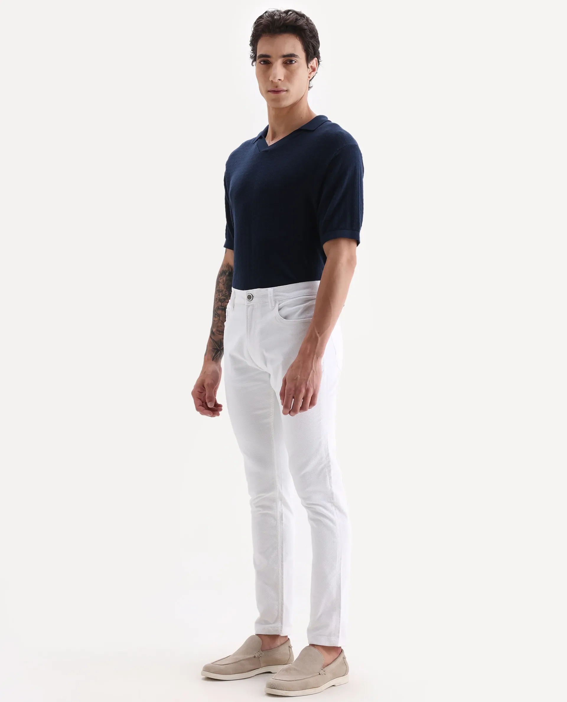 Rare Rabbit Men's Nahor White Cotton Plain Regular Fit Trouser - Image 6
