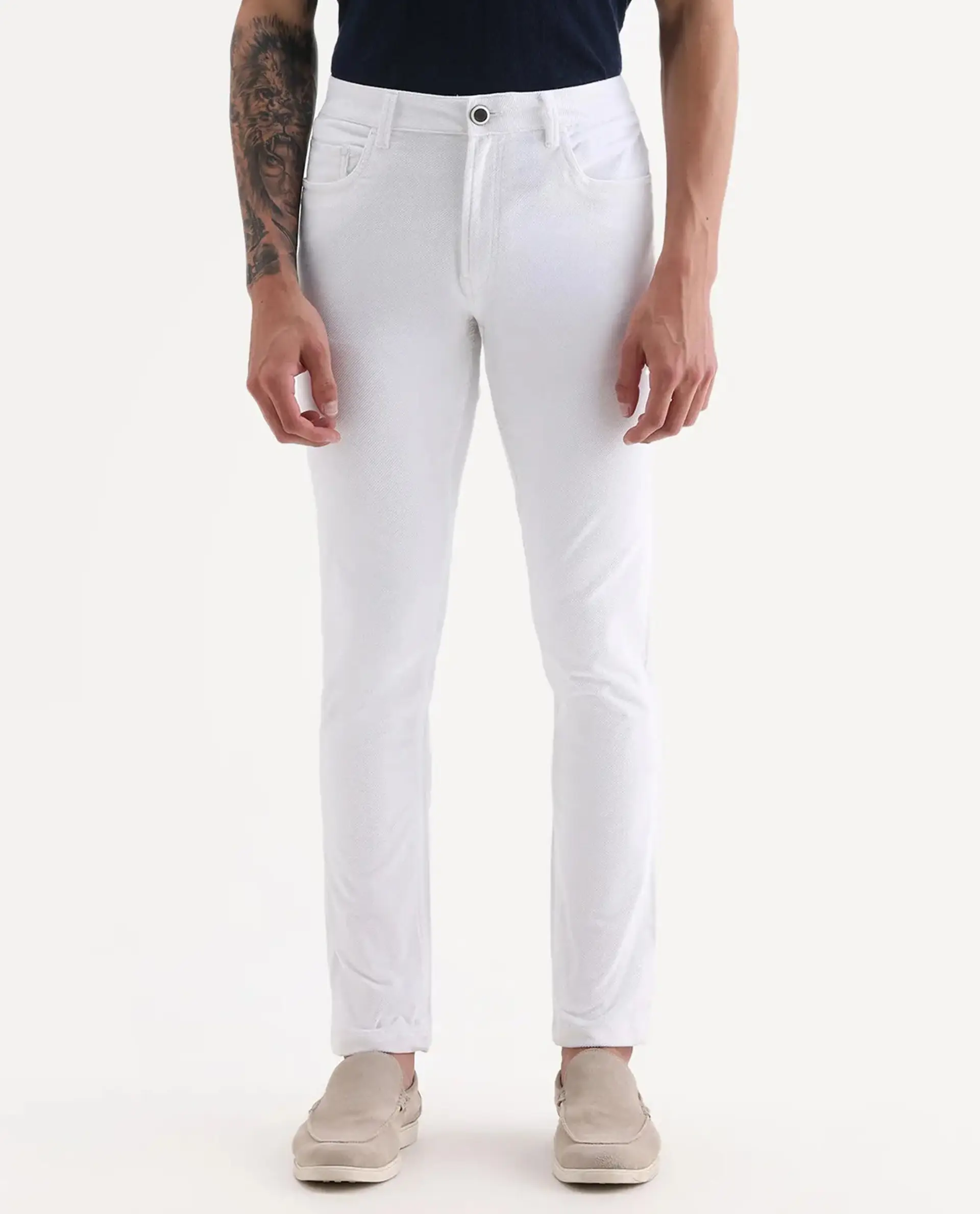 Rare Rabbit Men's Nahor White Cotton Plain Regular Fit Trouser - Image 9