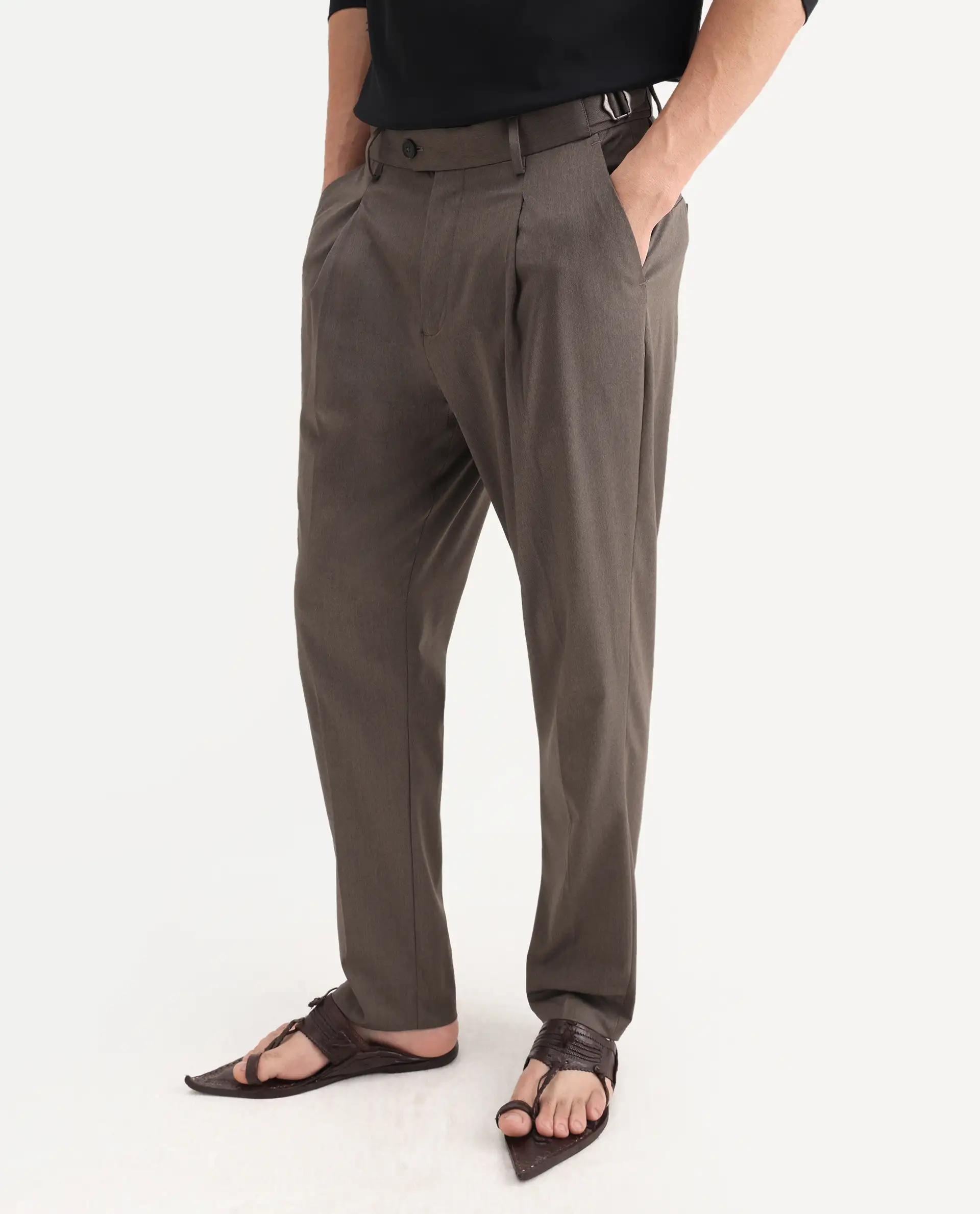 Rare Rabbit Men's Naji Dark Brown Polyester Blend Plain Relaxed Fit Gurkha Trouser - Image 2