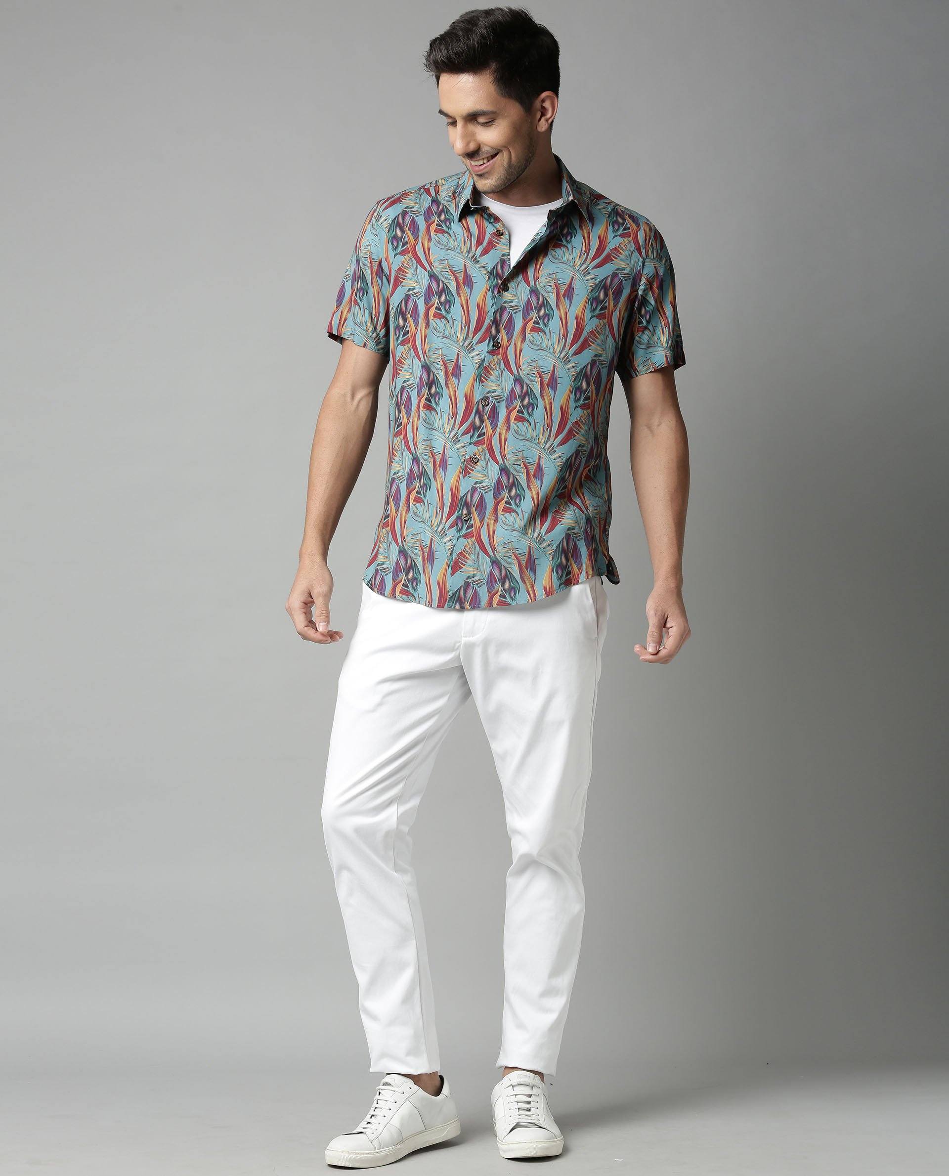 Rare Rabbit Men's Naker Blue Cotton Regular Fit Half Sleeve Spread Collar Shirt - Image 3