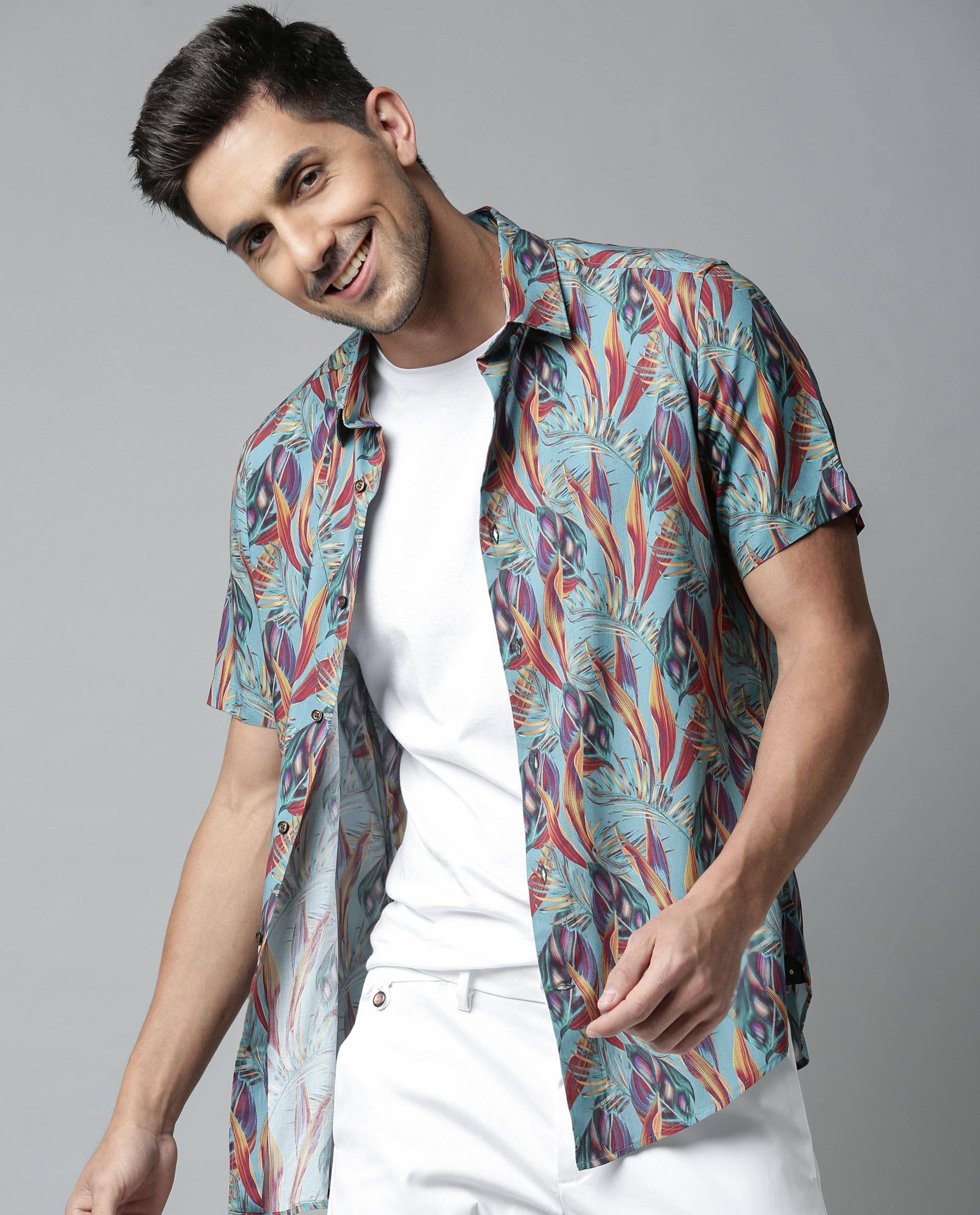 Rare Rabbit Men's Naker Blue Cotton Regular Fit Half Sleeve Spread Collar Shirt - Image 4