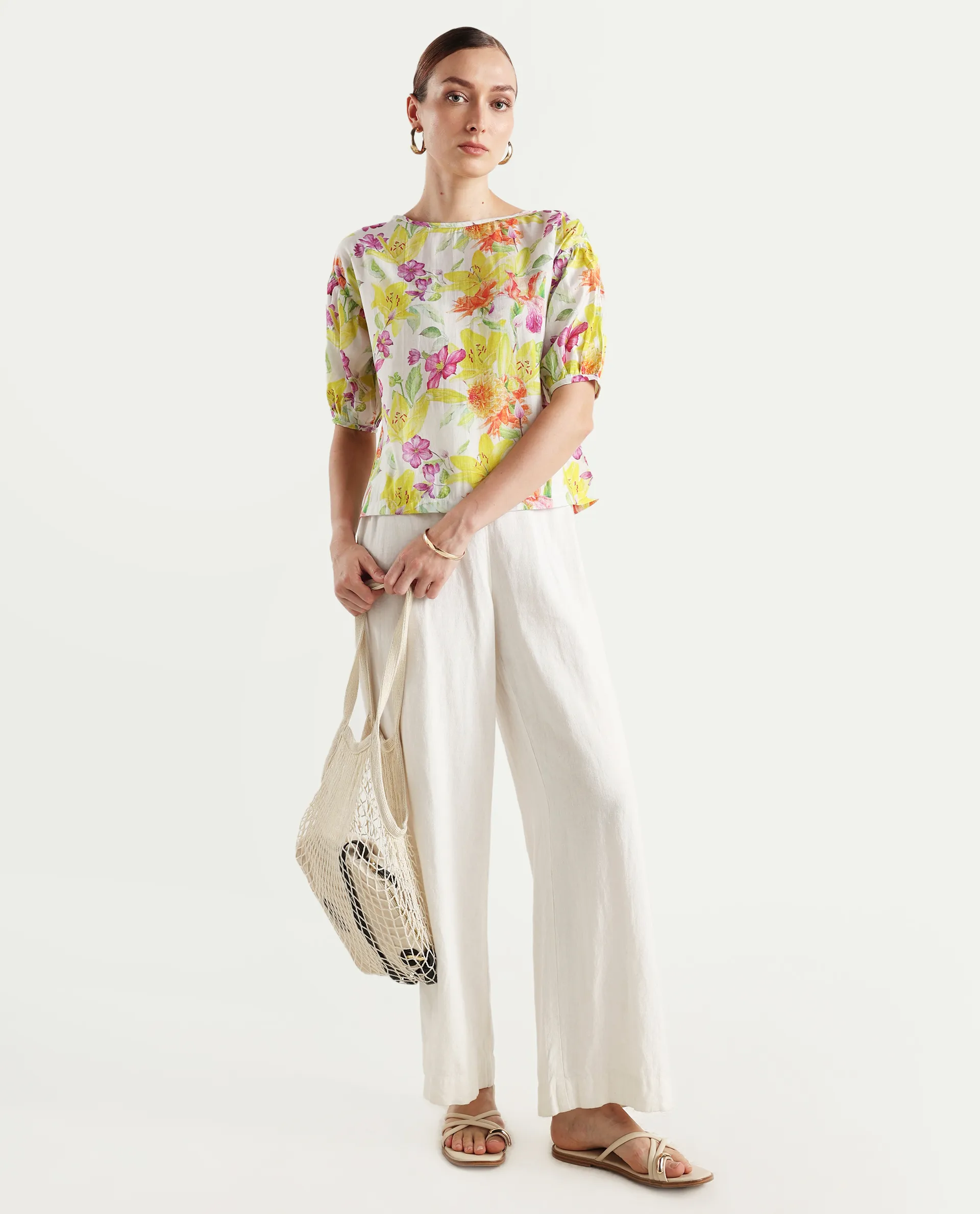 Rareism Women's Naldu Multi Viscose Crew Neck Floral Print Bishop Sleeve Boxy Fit Top - Image 2