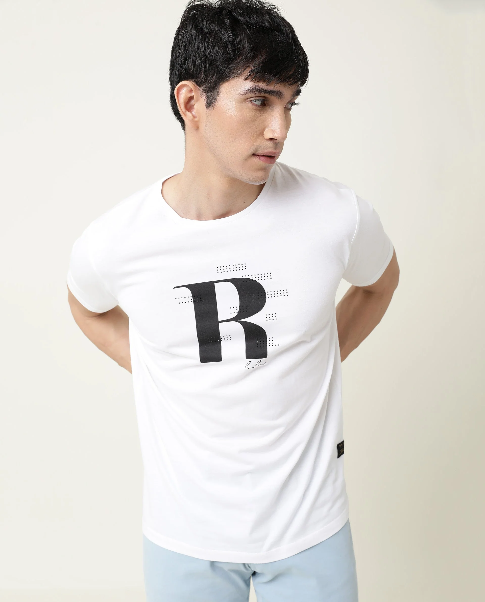 Rare Rabbit Men's Nam White Cotton Graphic Print Slim Fit Half Sleeve Crew Neck T-Shirt