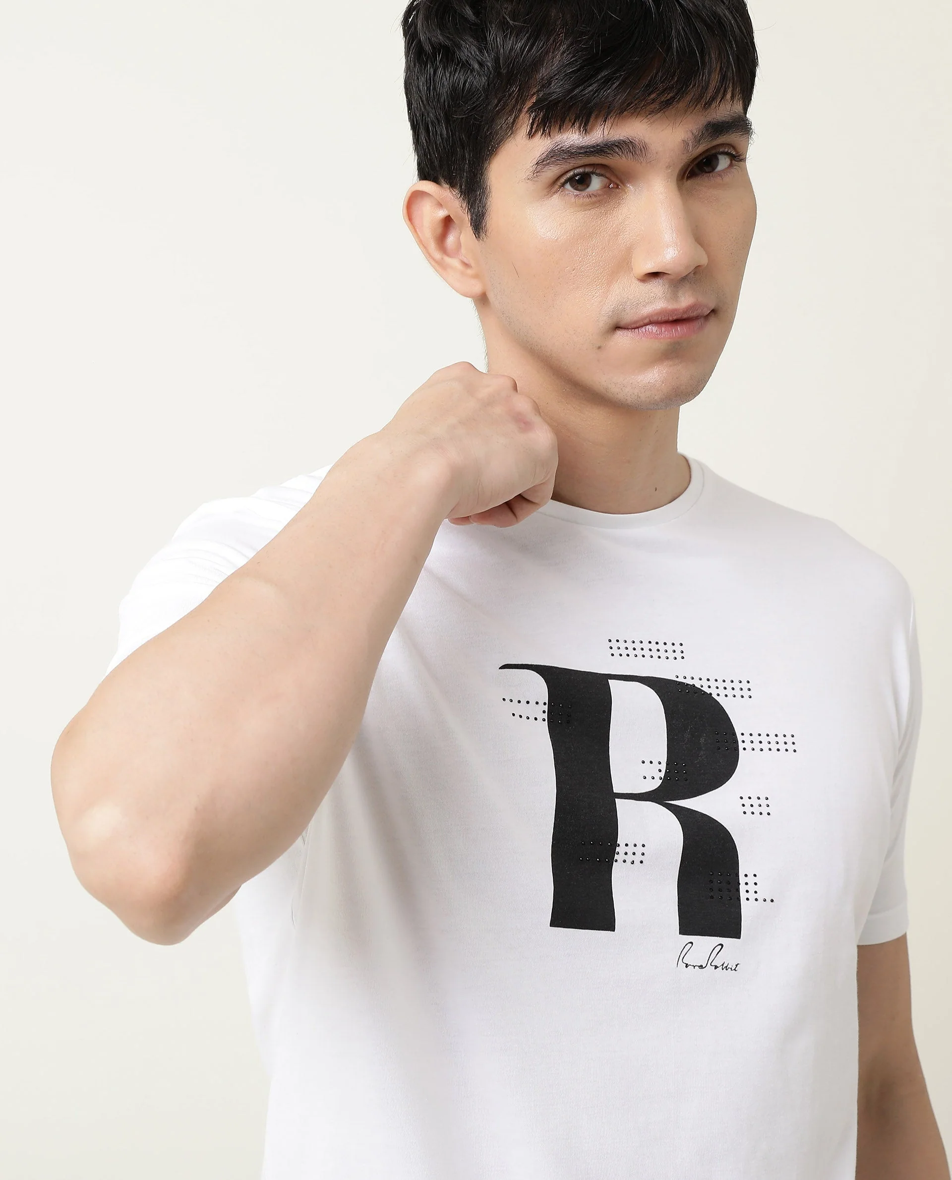 Rare Rabbit Men's Nam White Cotton Graphic Print Slim Fit Half Sleeve Crew Neck T-Shirt - Image 2
