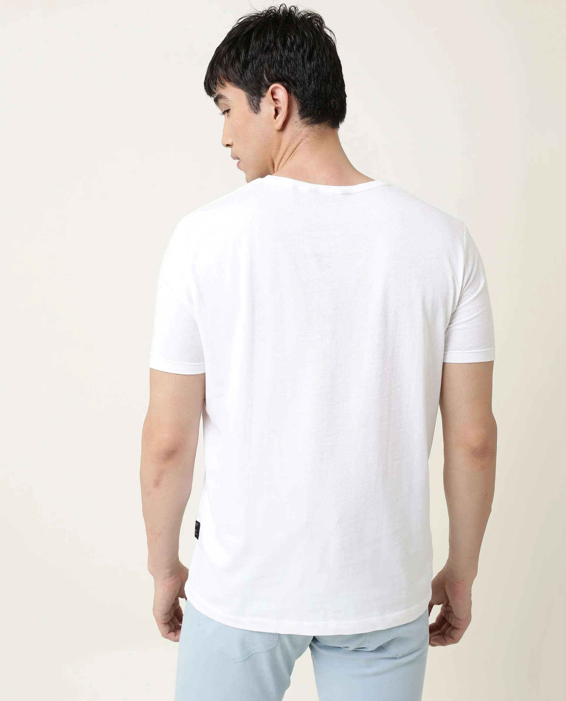 Rare Rabbit Men's Nam White Cotton Graphic Print Slim Fit Half Sleeve Crew Neck T-Shirt - Image 4