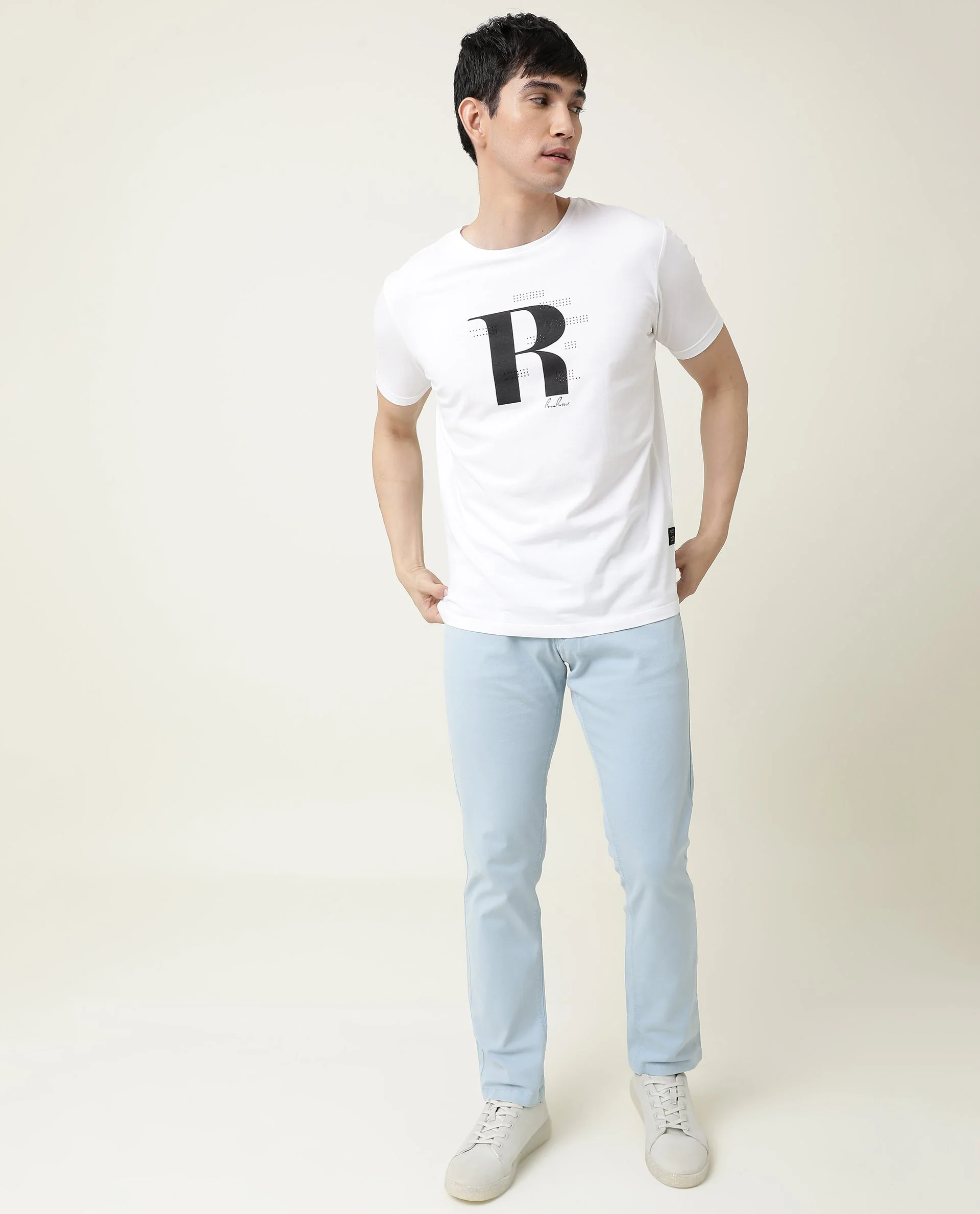 Rare Rabbit Men's Nam White Cotton Graphic Print Slim Fit Half Sleeve Crew Neck T-Shirt - Image 5