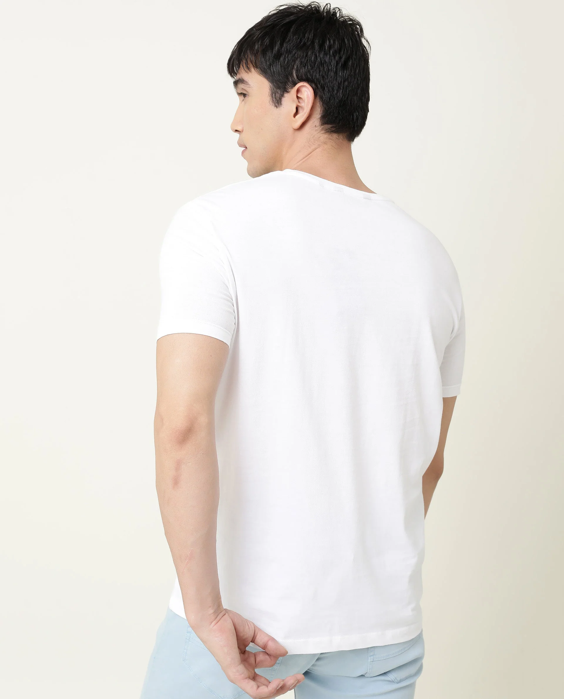 Rare Rabbit Men's Nam White Cotton Graphic Print Slim Fit Half Sleeve Crew Neck T-Shirt - Image 6