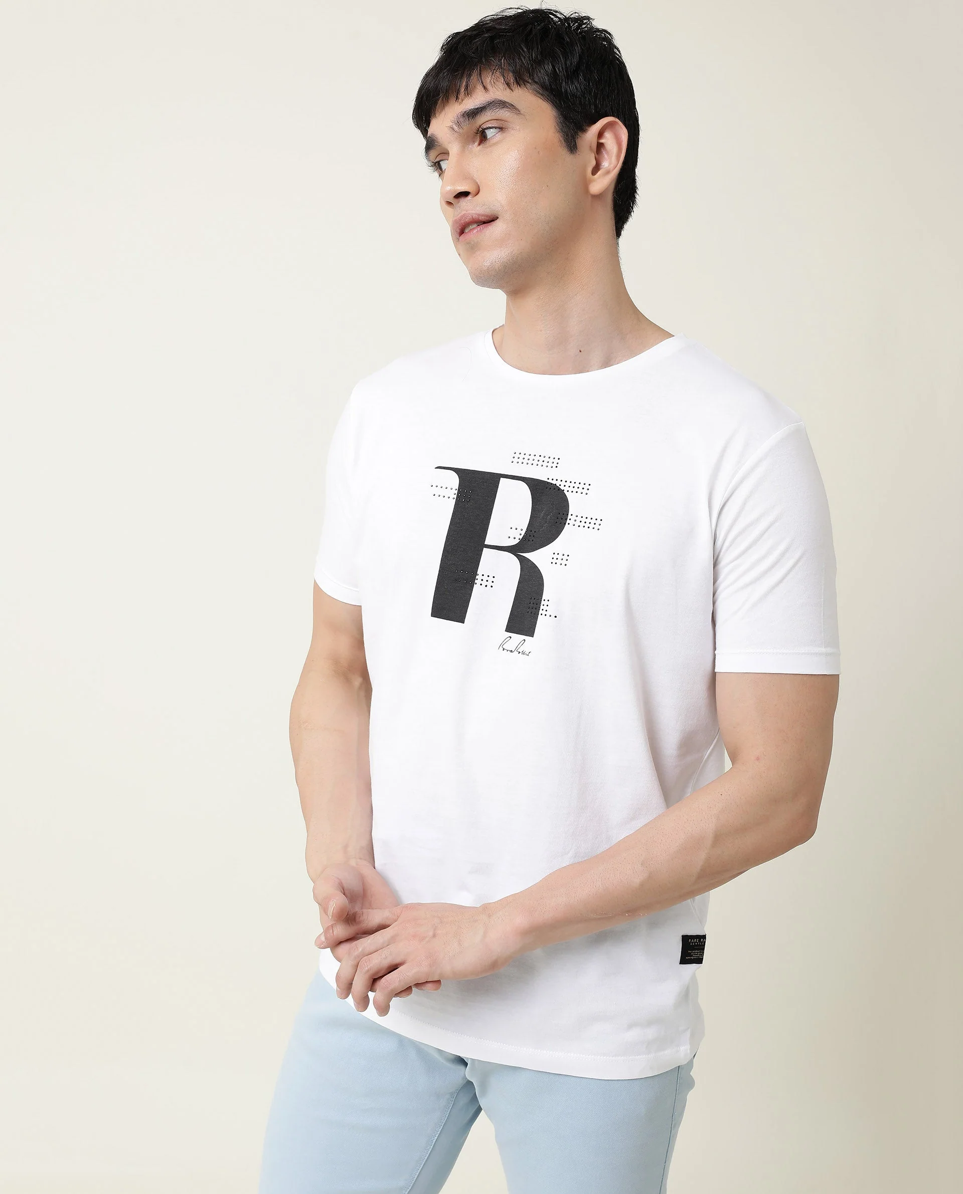 Rare Rabbit Men's Nam White Cotton Graphic Print Slim Fit Half Sleeve Crew Neck T-Shirt - Image 8