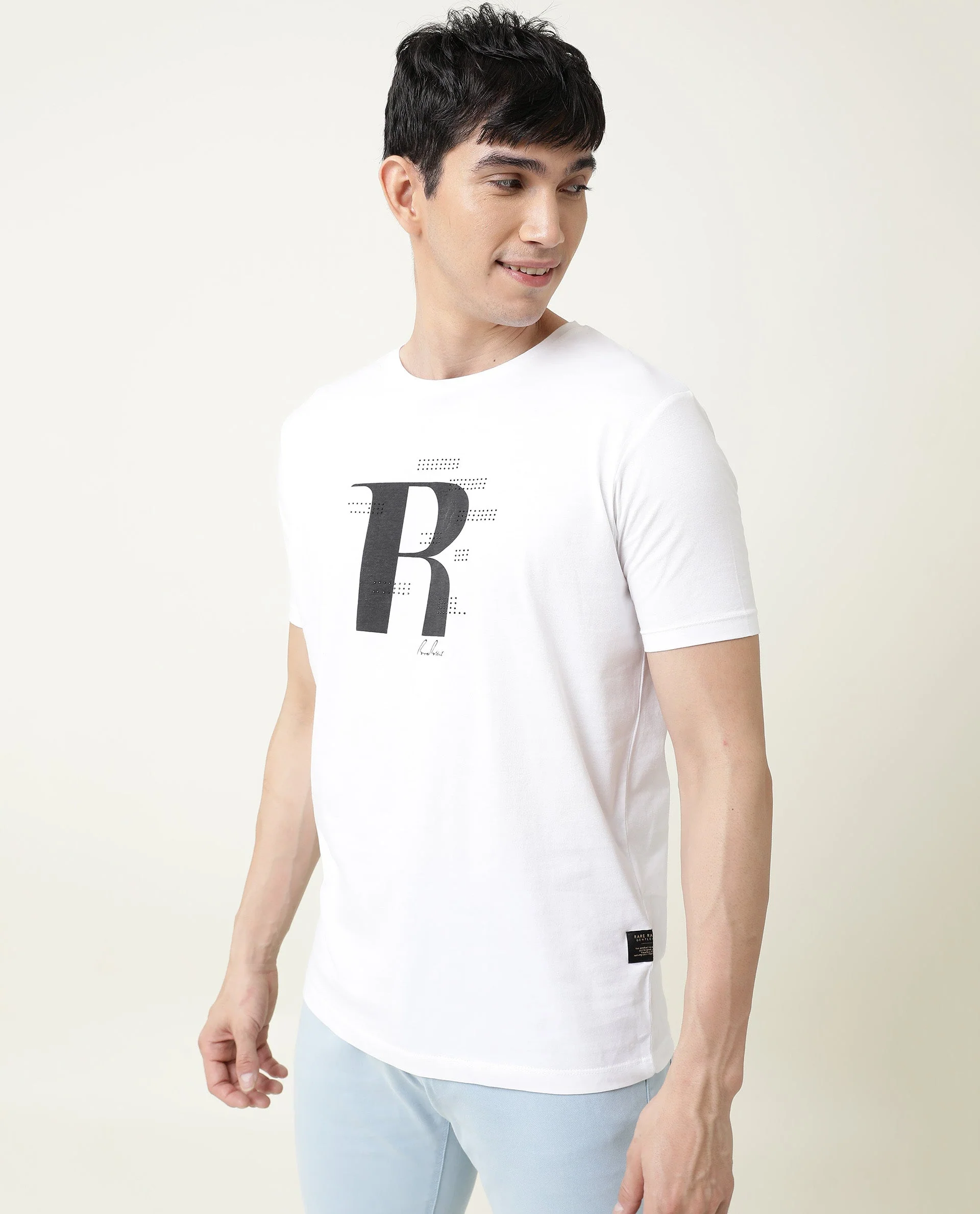 Rare Rabbit Men's Nam White Cotton Graphic Print Slim Fit Half Sleeve Crew Neck T-Shirt - Image 9