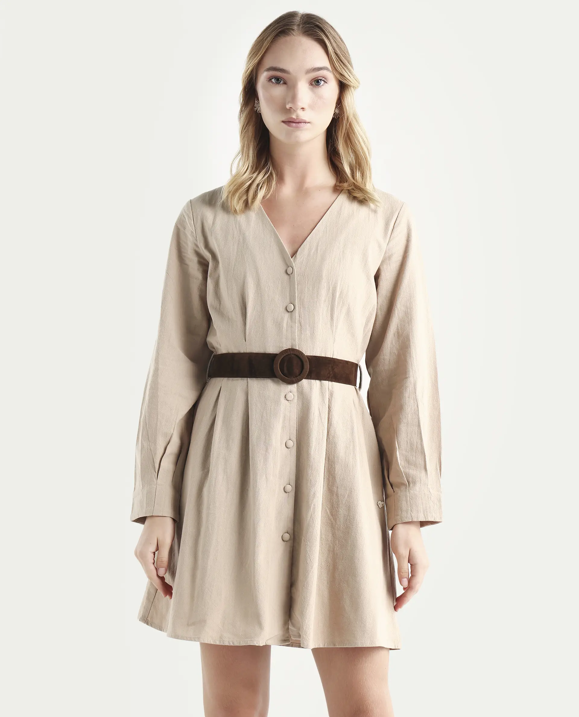 Rareism Women's Nami Beige Cotton V-Neck Plain Cuffed Sleeve Knee Length A-Line Dress - Image 3