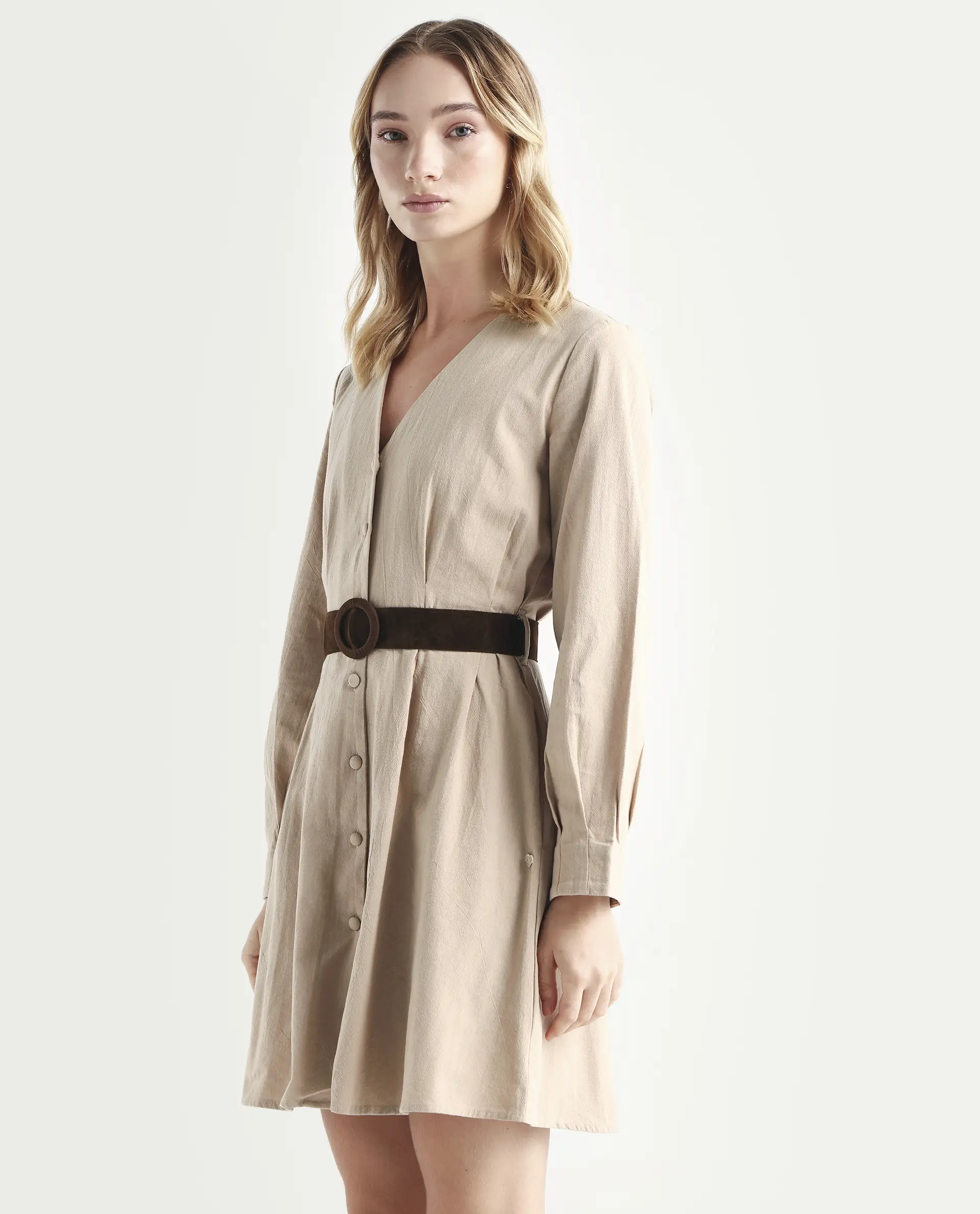 Rareism Women's Nami Beige Cotton V-Neck Plain Cuffed Sleeve Knee Length A-Line Dress - Image 5