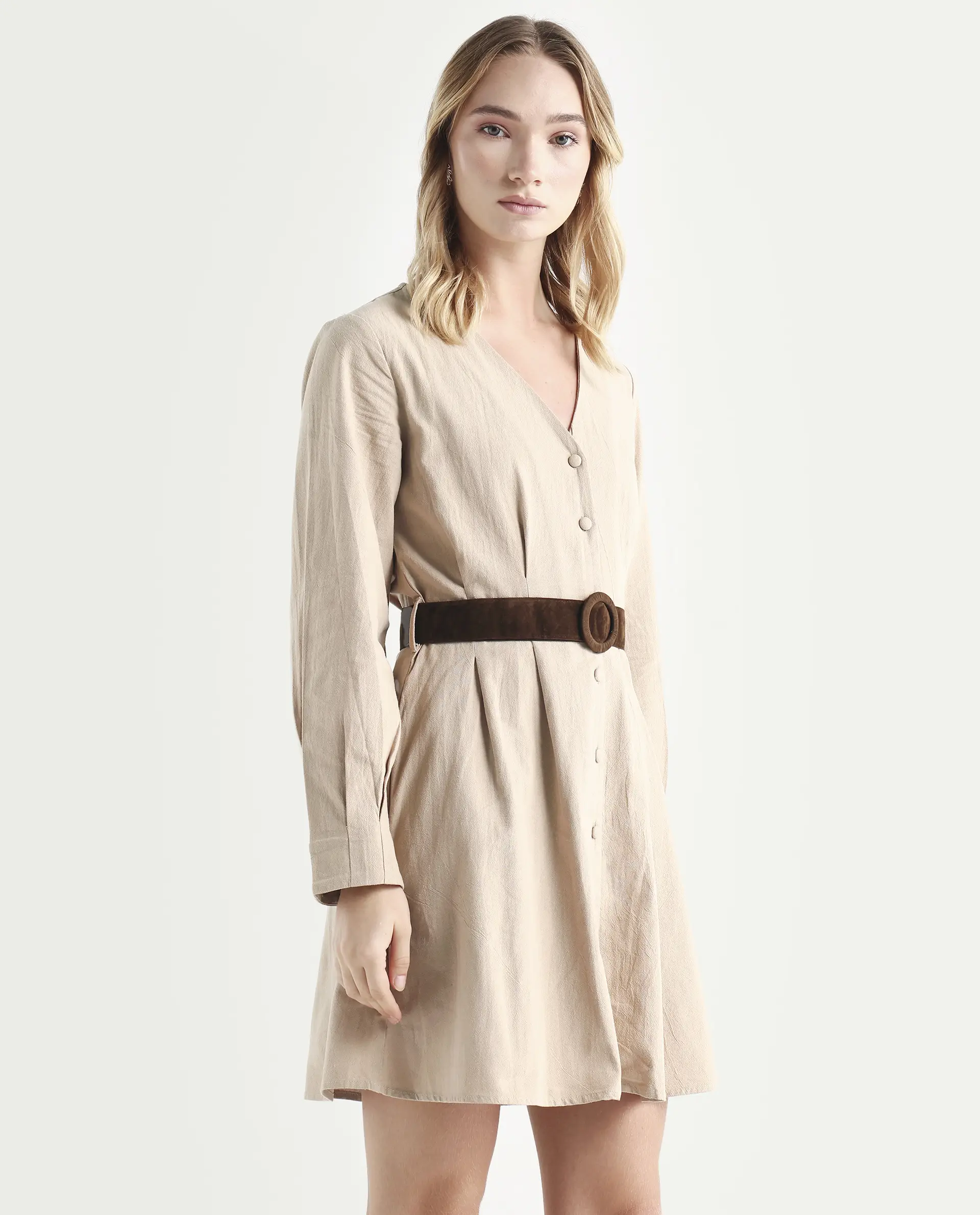 Rareism Women's Nami Beige Cotton V-Neck Plain Cuffed Sleeve Knee Length A-Line Dress - Image 6