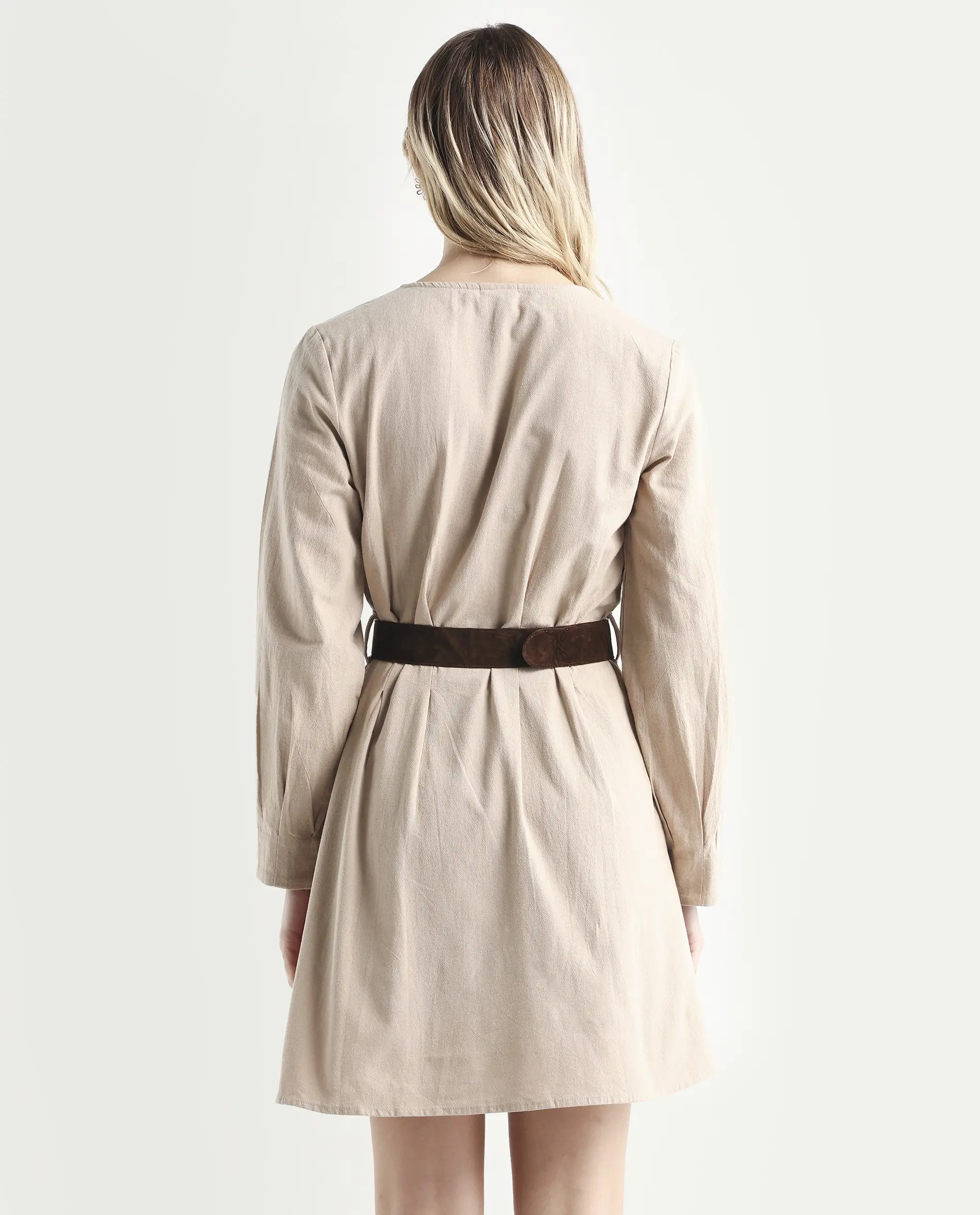 Rareism Women's Nami Beige Cotton V-Neck Plain Cuffed Sleeve Knee Length A-Line Dress - Image 7