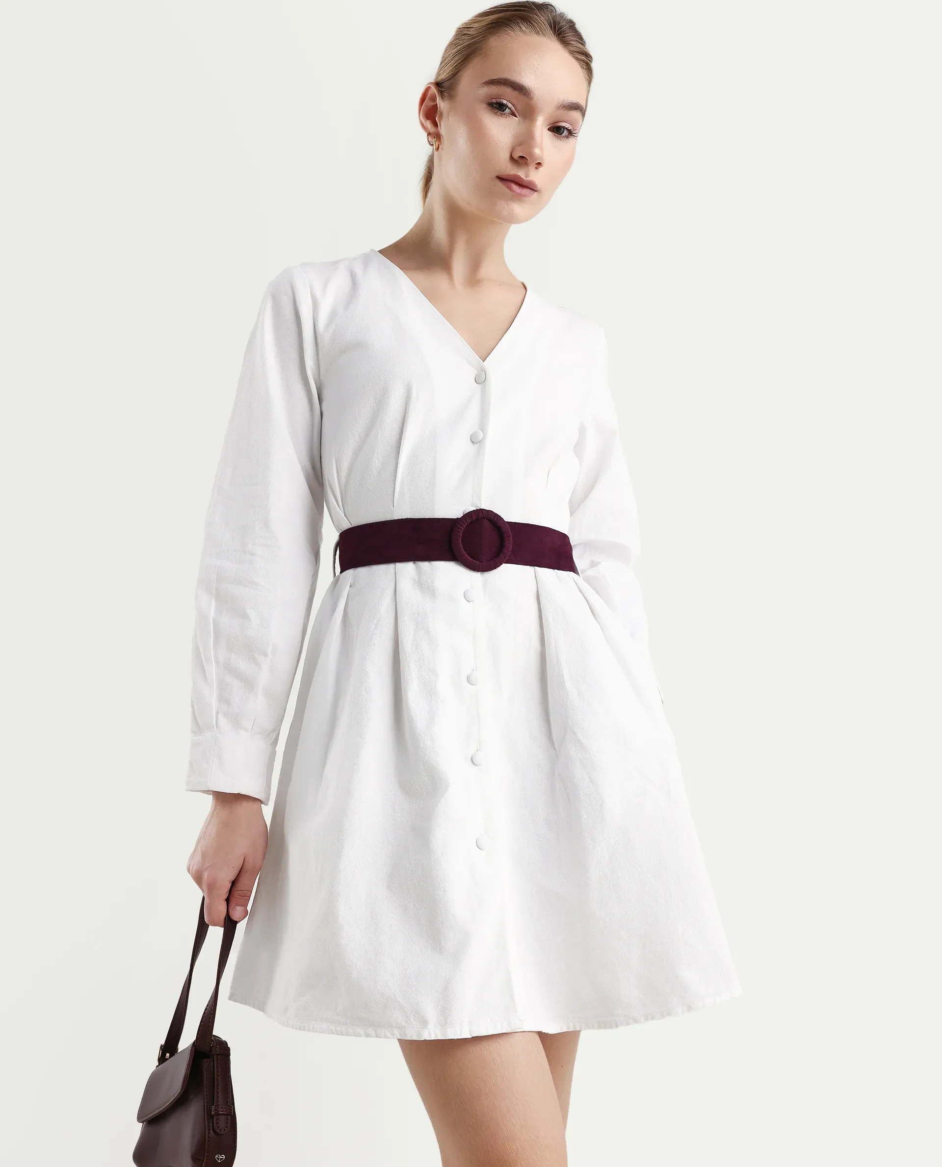 Rareism Women's Nami White Cotton V-Neck Plain Mini Regular Fit Dress - Image 2