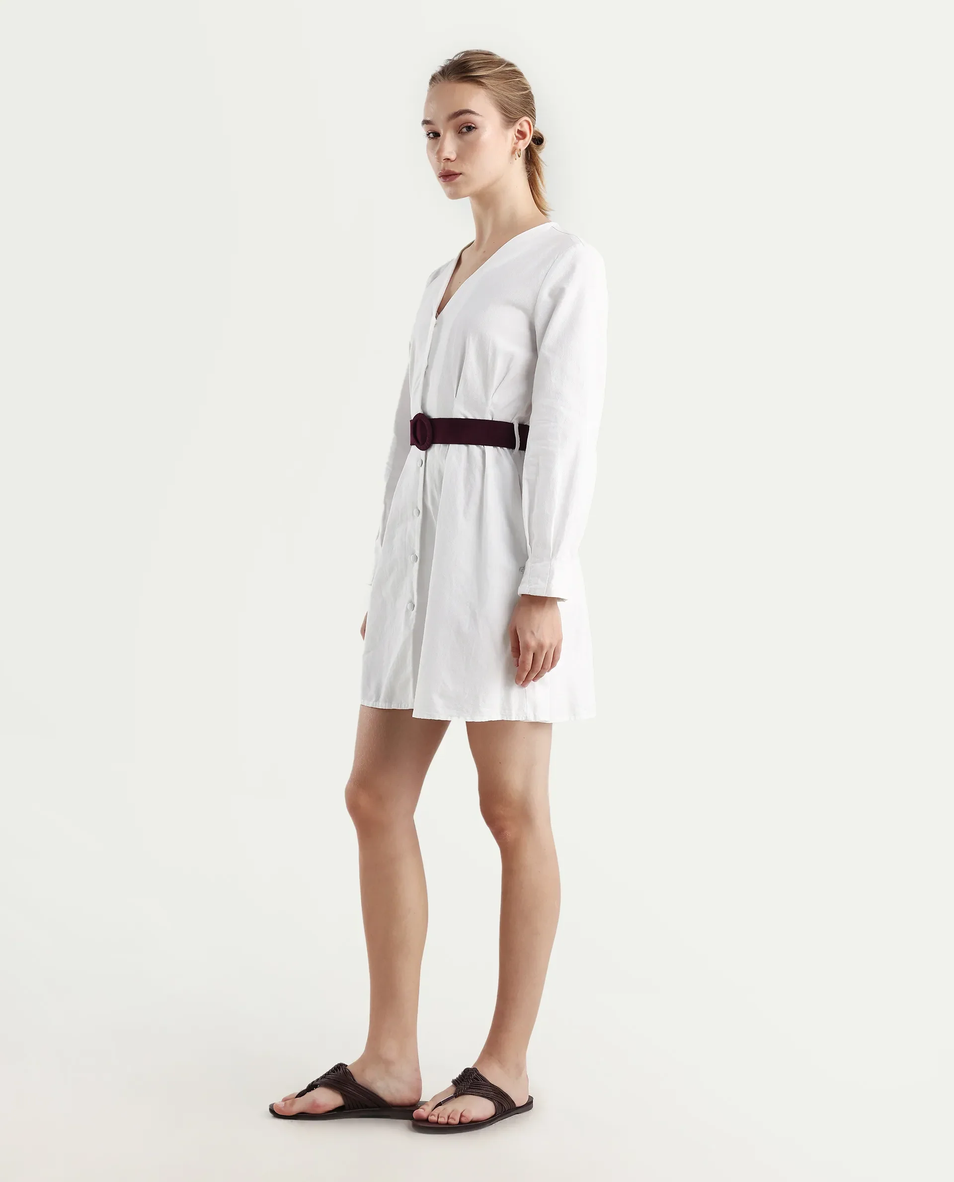 Rareism Women's Nami White Cotton V-Neck Plain Mini Regular Fit Dress - Image 5
