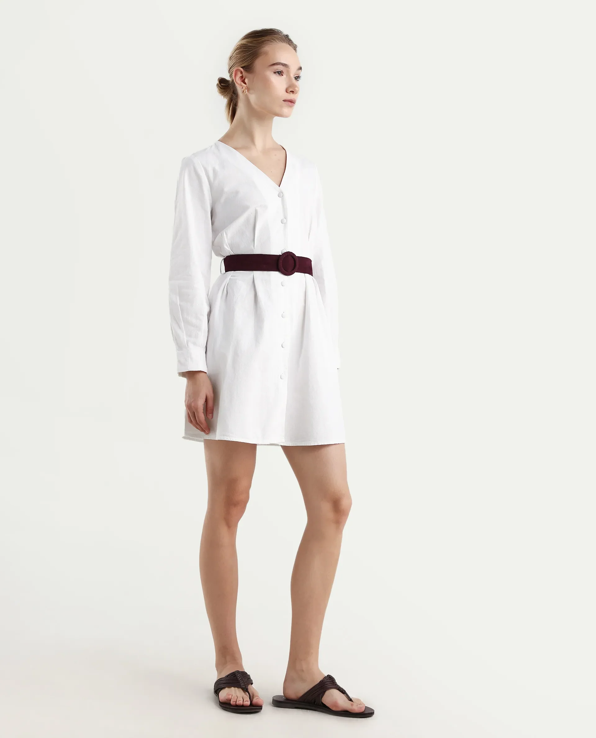 Rareism Women's Nami White Cotton V-Neck Plain Mini Regular Fit Dress - Image 6