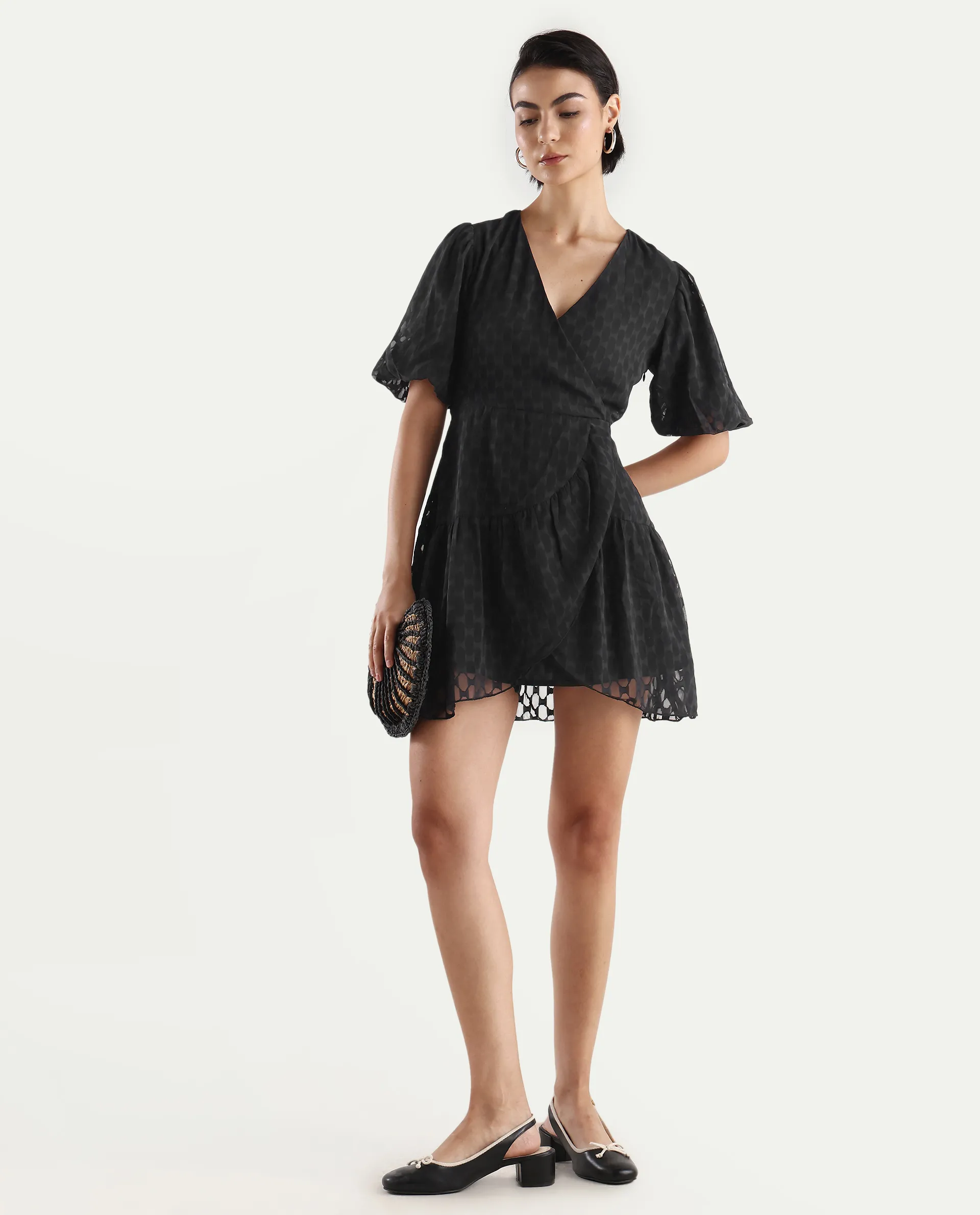 Rareism Women's Namika Black Polyester Blend V-Neck Plain Balloon Sleeve Mini Fit And Flare Dress - Image 2