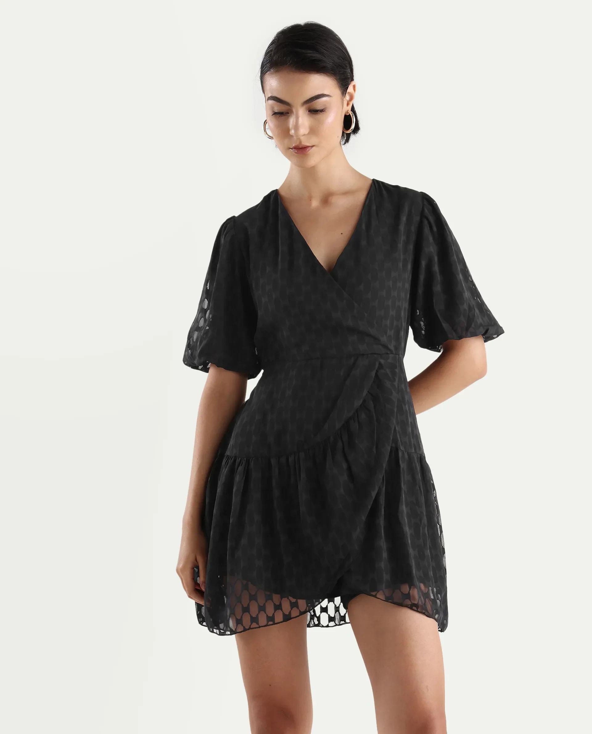 Rareism Women's Namika Black Polyester Blend V-Neck Plain Balloon Sleeve Mini Fit And Flare Dress - Image 3