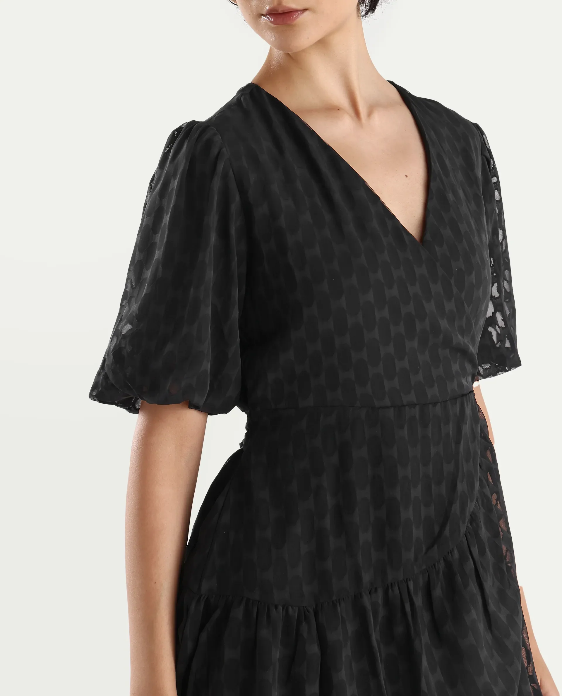 Rareism Women's Namika Black Polyester Blend V-Neck Plain Balloon Sleeve Mini Fit And Flare Dress - Image 4