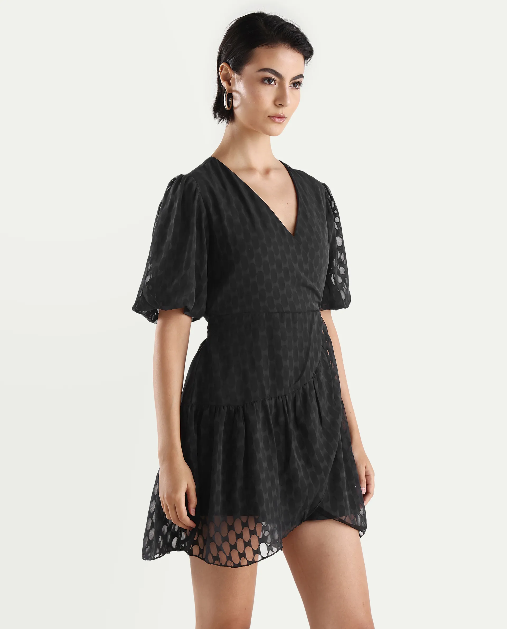 Rareism Women's Namika Black Polyester Blend V-Neck Plain Balloon Sleeve Mini Fit And Flare Dress - Image 6