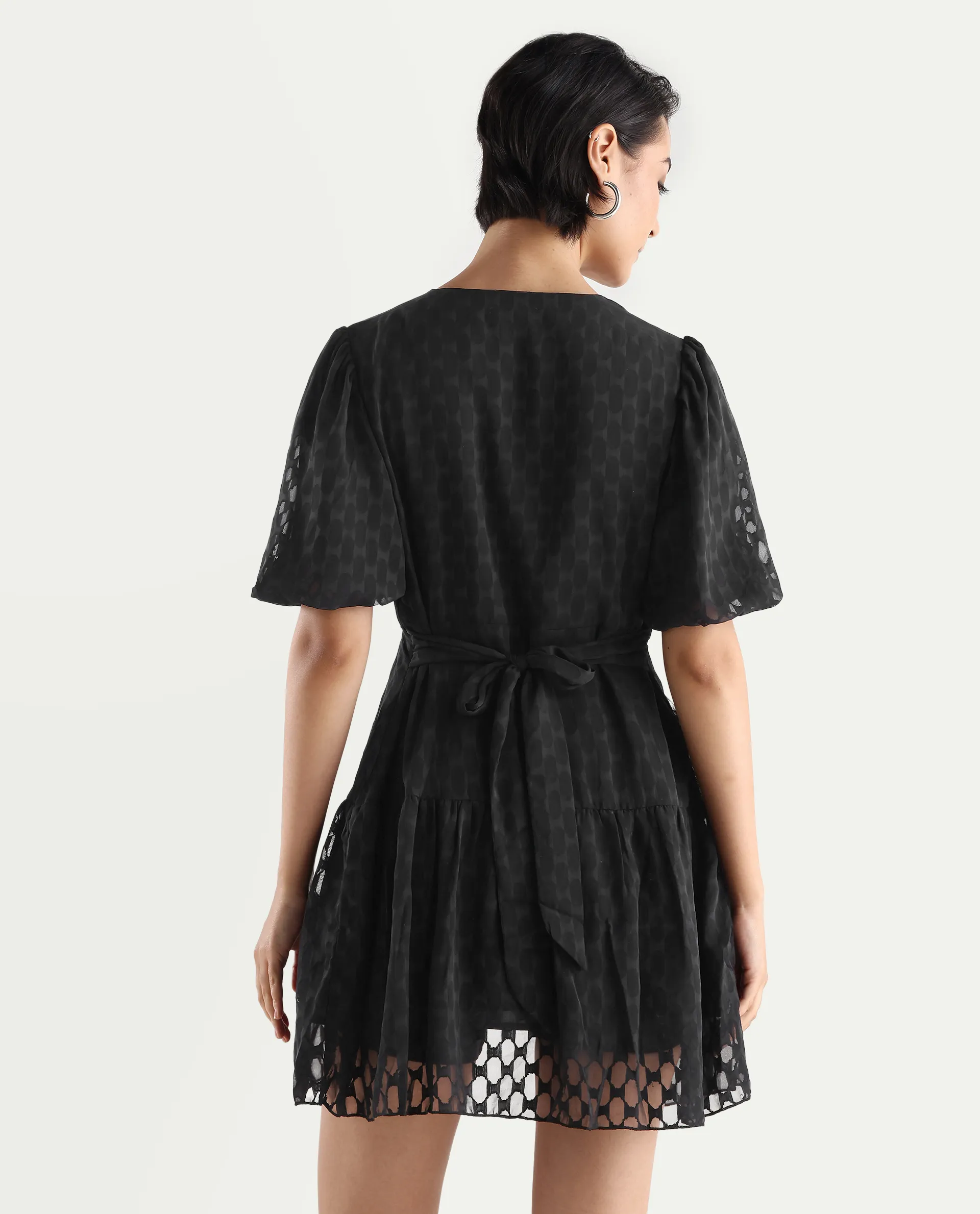 Rareism Women's Namika Black Polyester Blend V-Neck Plain Balloon Sleeve Mini Fit And Flare Dress - Image 7