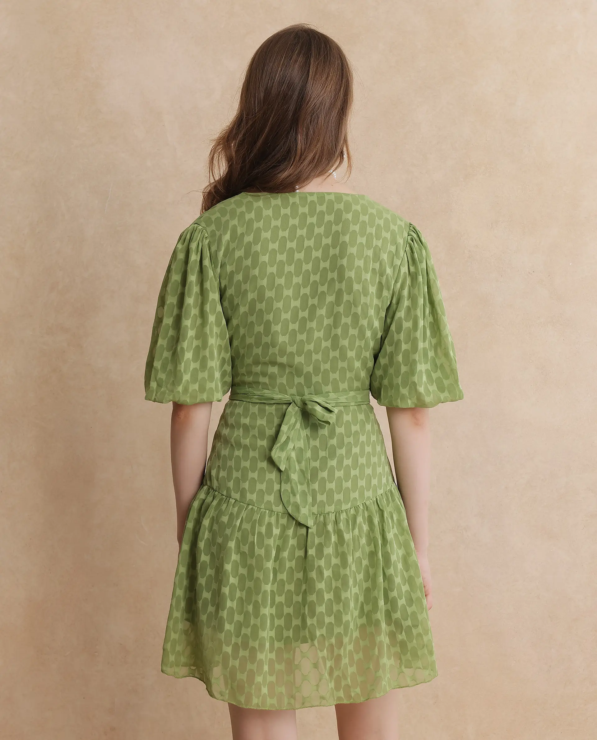 Rareism Women's Namika Light Green Polyester Blend V-Neck Plain Balloon Sleeve Mini Fit And Flare Dress - Image 11