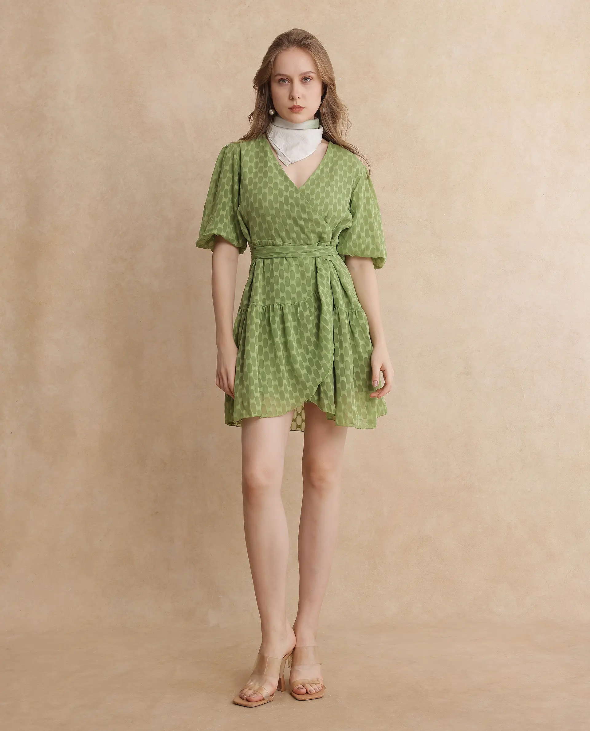 Rareism Women's Namika Light Green Polyester Blend V-Neck Plain Balloon Sleeve Mini Fit And Flare Dress - Image 12