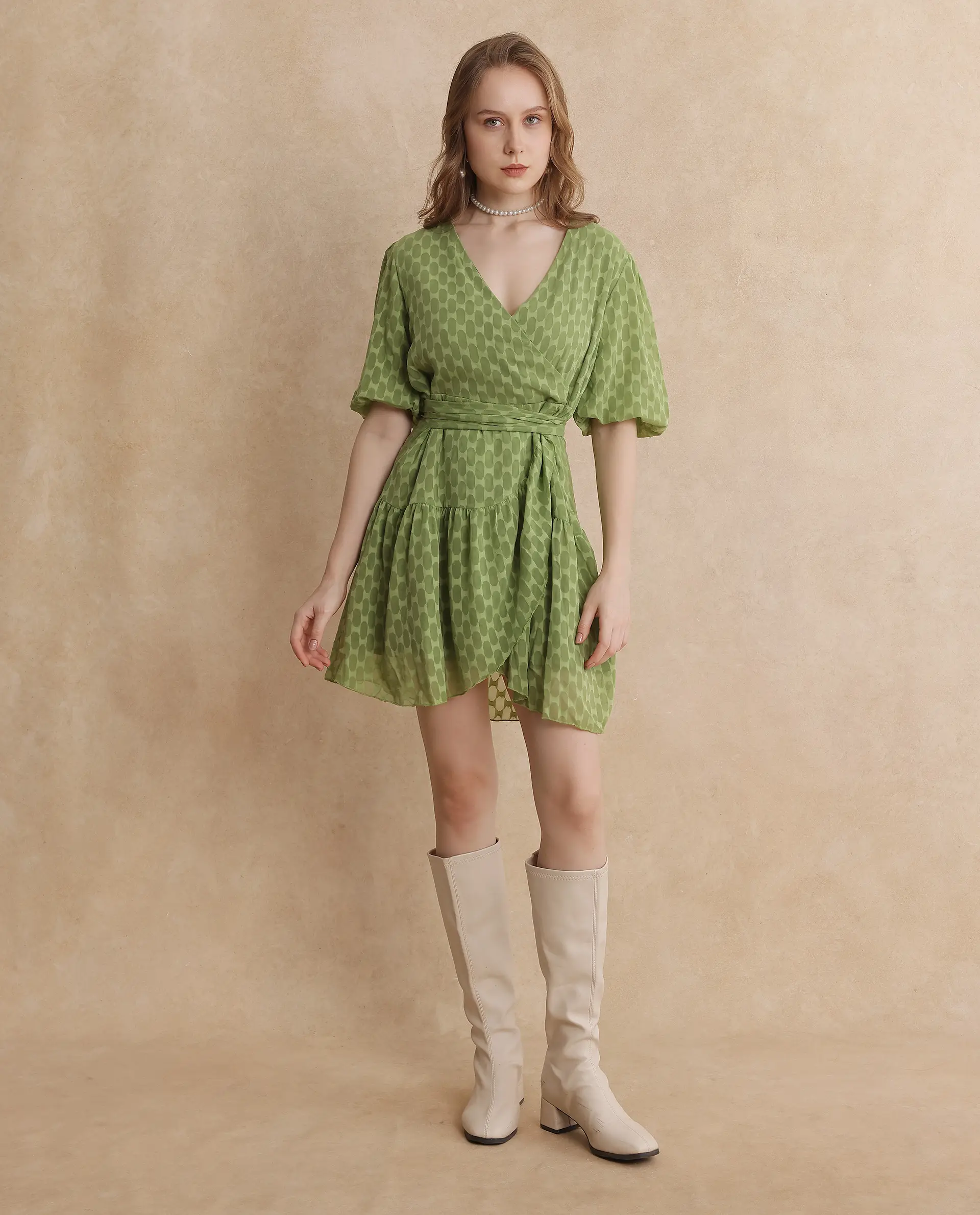 Rareism Women's Namika Light Green Polyester Blend V-Neck Plain Balloon Sleeve Mini Fit And Flare Dress - Image 13
