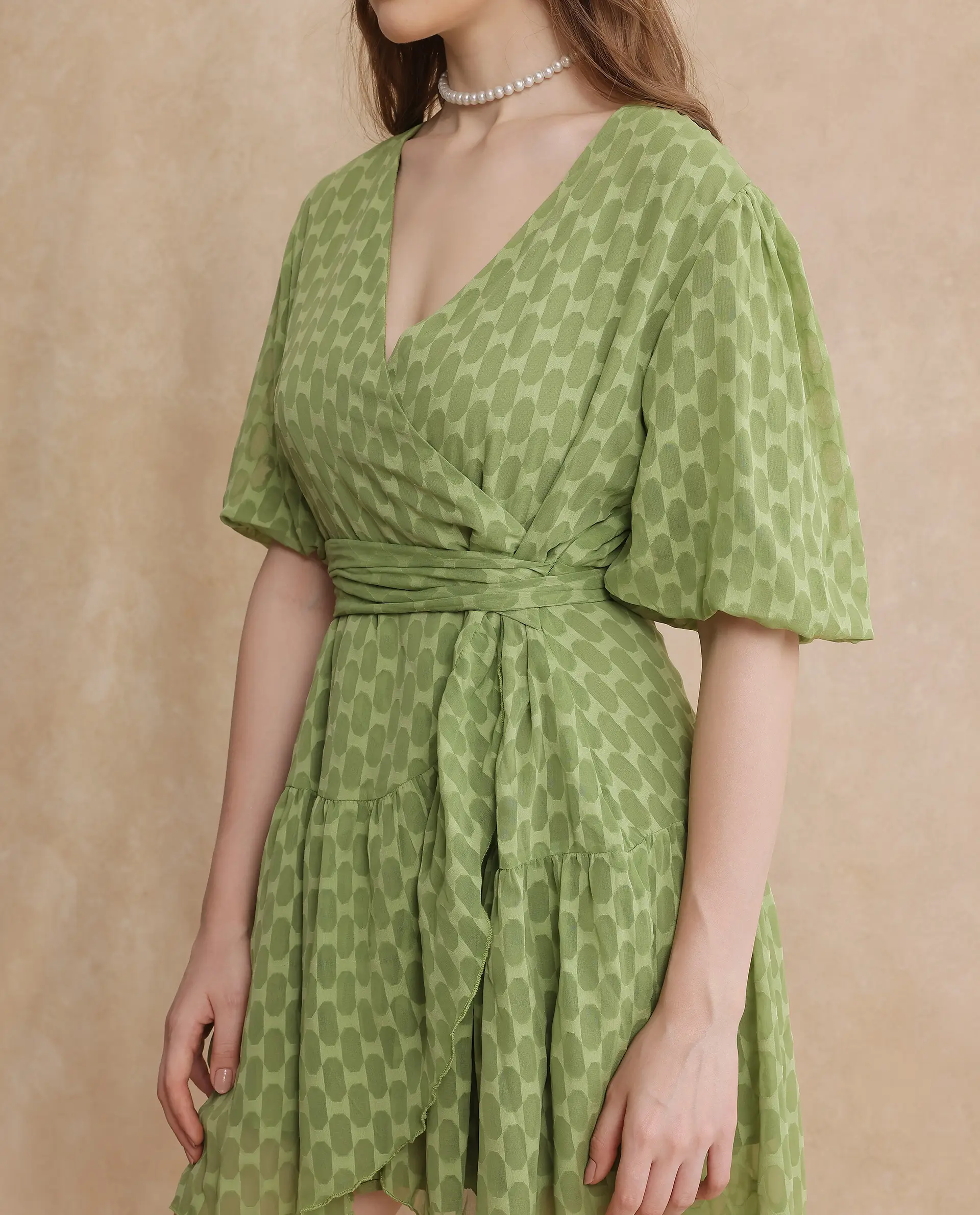 Rareism Women's Namika Light Green Polyester Blend V-Neck Plain Balloon Sleeve Mini Fit And Flare Dress - Image 2
