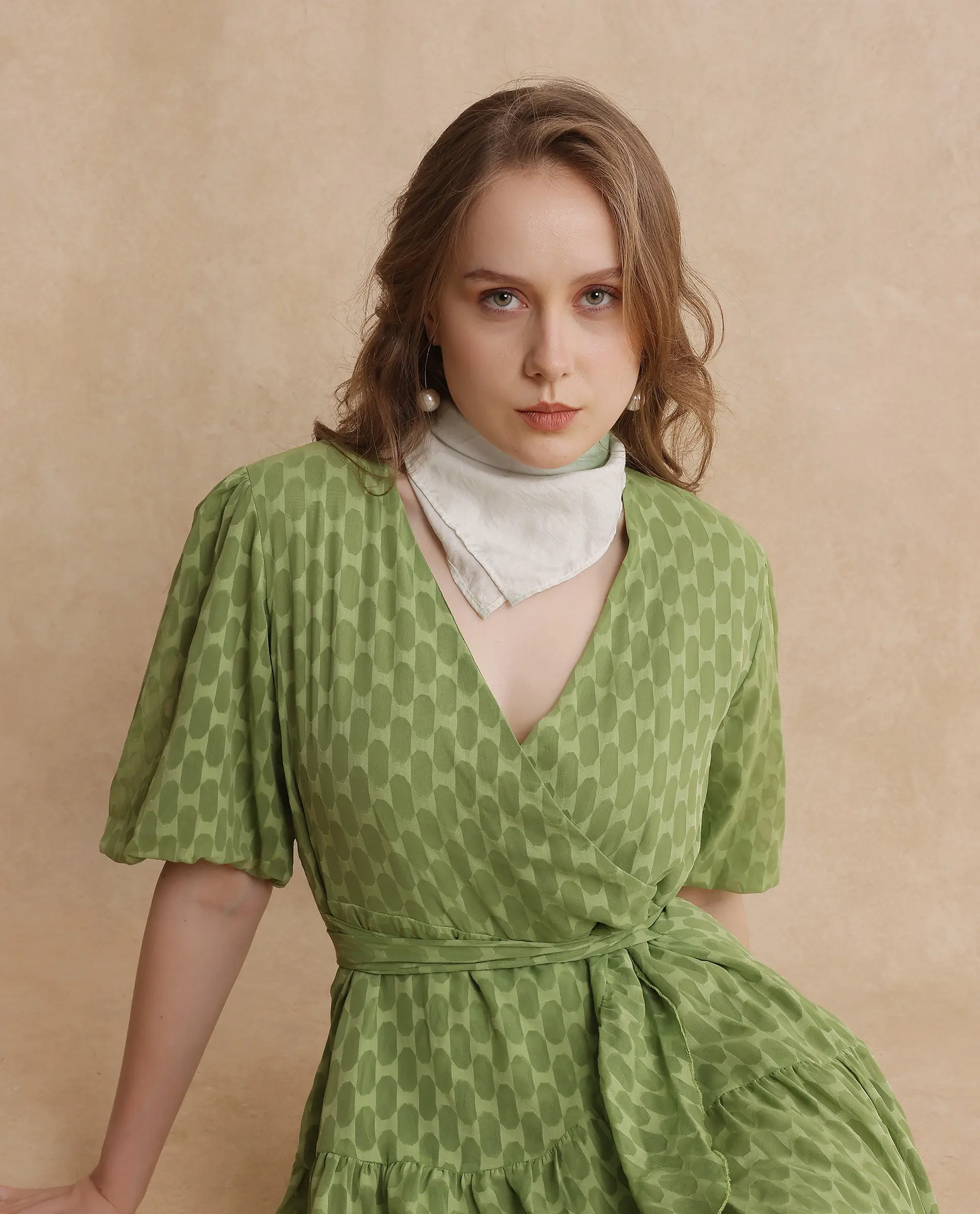 Rareism Women's Namika Light Green Polyester Blend V-Neck Plain Balloon Sleeve Mini Fit And Flare Dress - Image 3