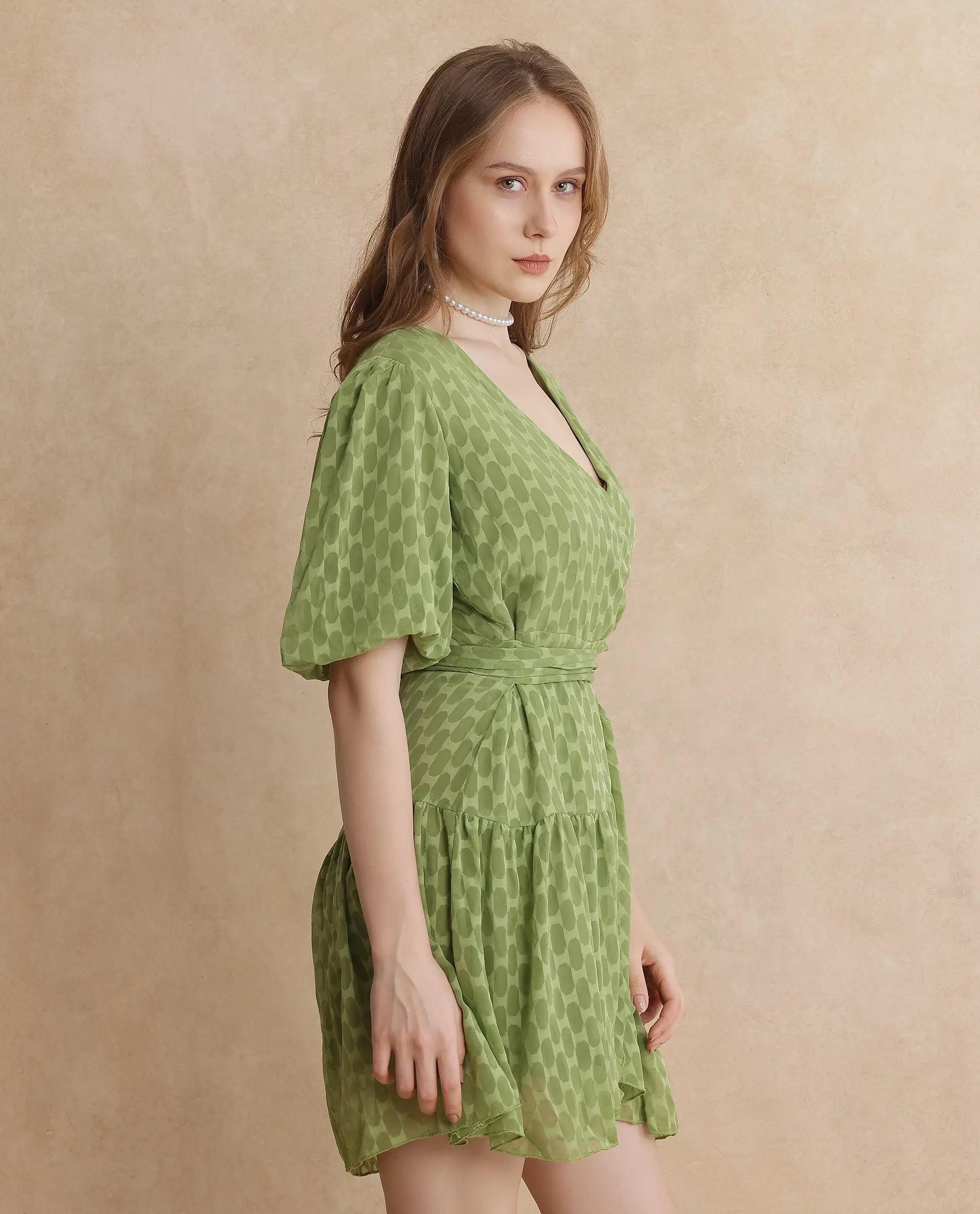 Rareism Women's Namika Light Green Polyester Blend V-Neck Plain Balloon Sleeve Mini Fit And Flare Dress - Image 4