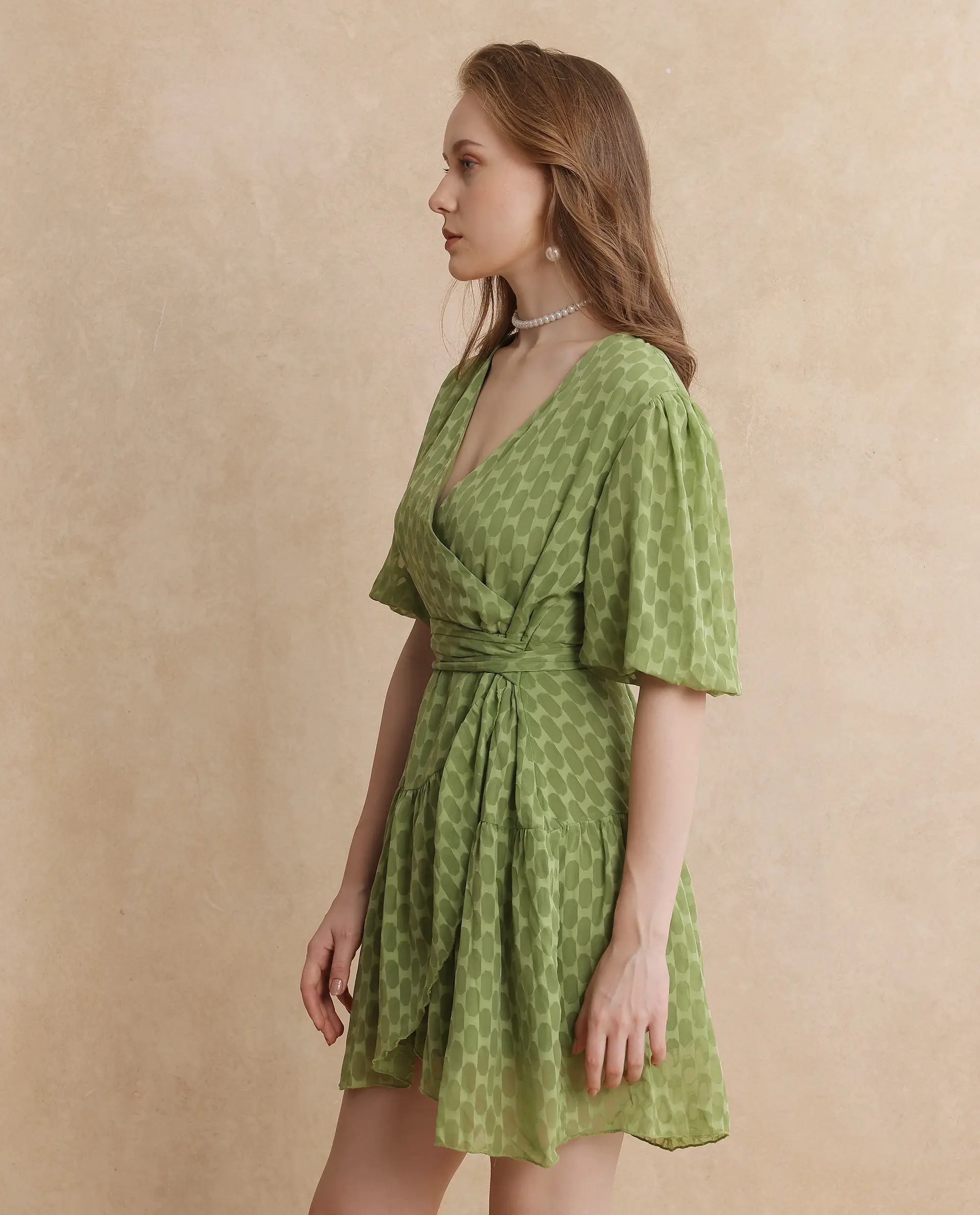 Rareism Women's Namika Light Green Polyester Blend V-Neck Plain Balloon Sleeve Mini Fit And Flare Dress - Image 5