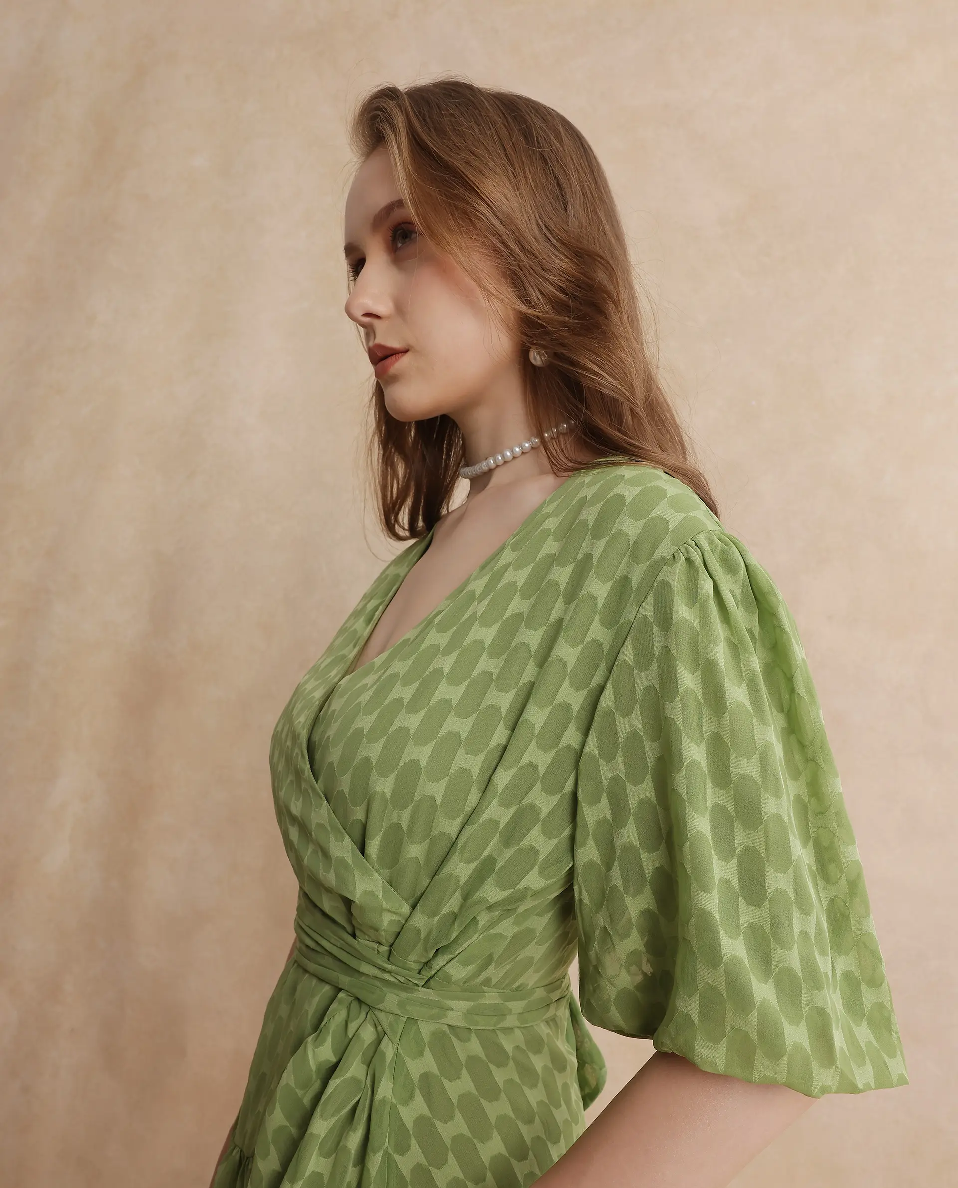 Rareism Women's Namika Light Green Polyester Blend V-Neck Plain Balloon Sleeve Mini Fit And Flare Dress - Image 6
