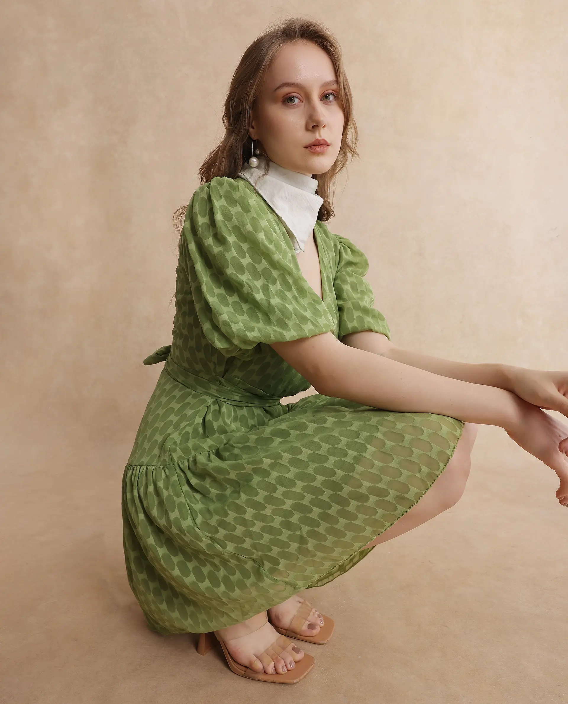 Rareism Women's Namika Light Green Polyester Blend V-Neck Plain Balloon Sleeve Mini Fit And Flare Dress - Image 7