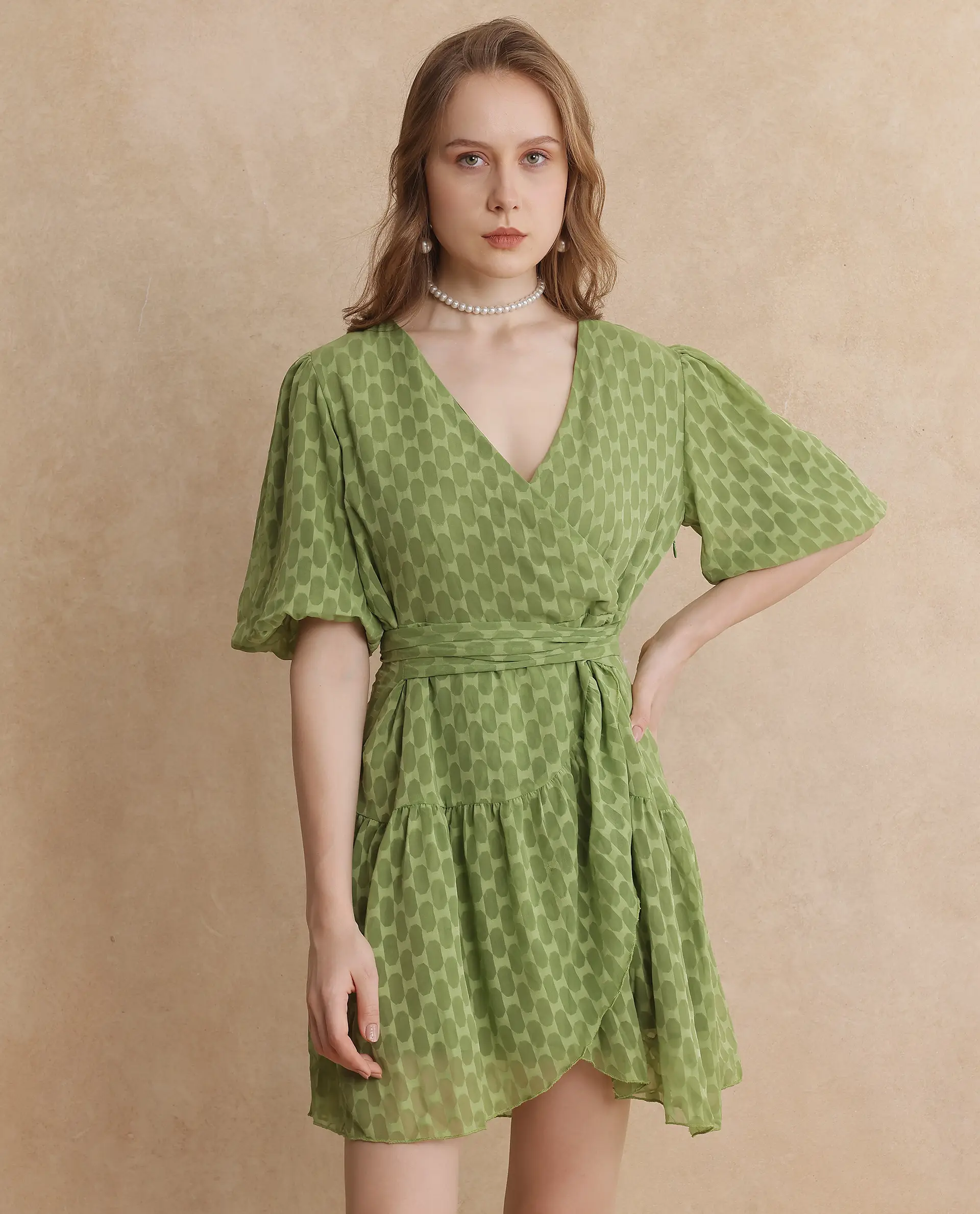 Rareism Women's Namika Light Green Polyester Blend V-Neck Plain Balloon Sleeve Mini Fit And Flare Dress - Image 8