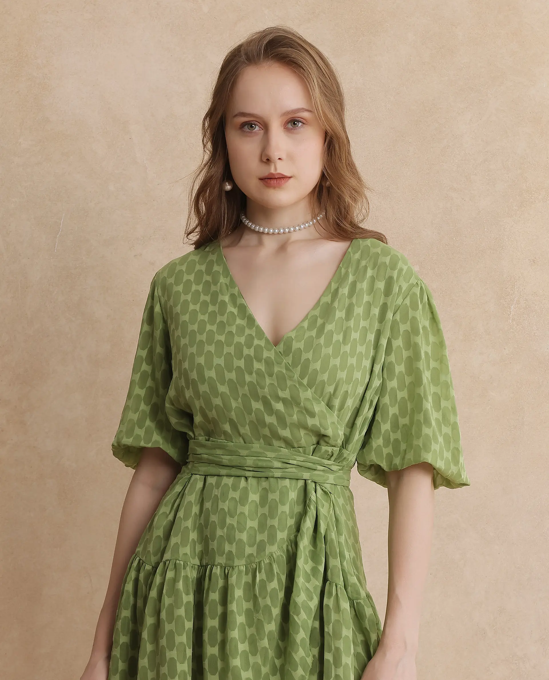 Rareism Women's Namika Light Green Polyester Blend V-Neck Plain Balloon Sleeve Mini Fit And Flare Dress - Image 9