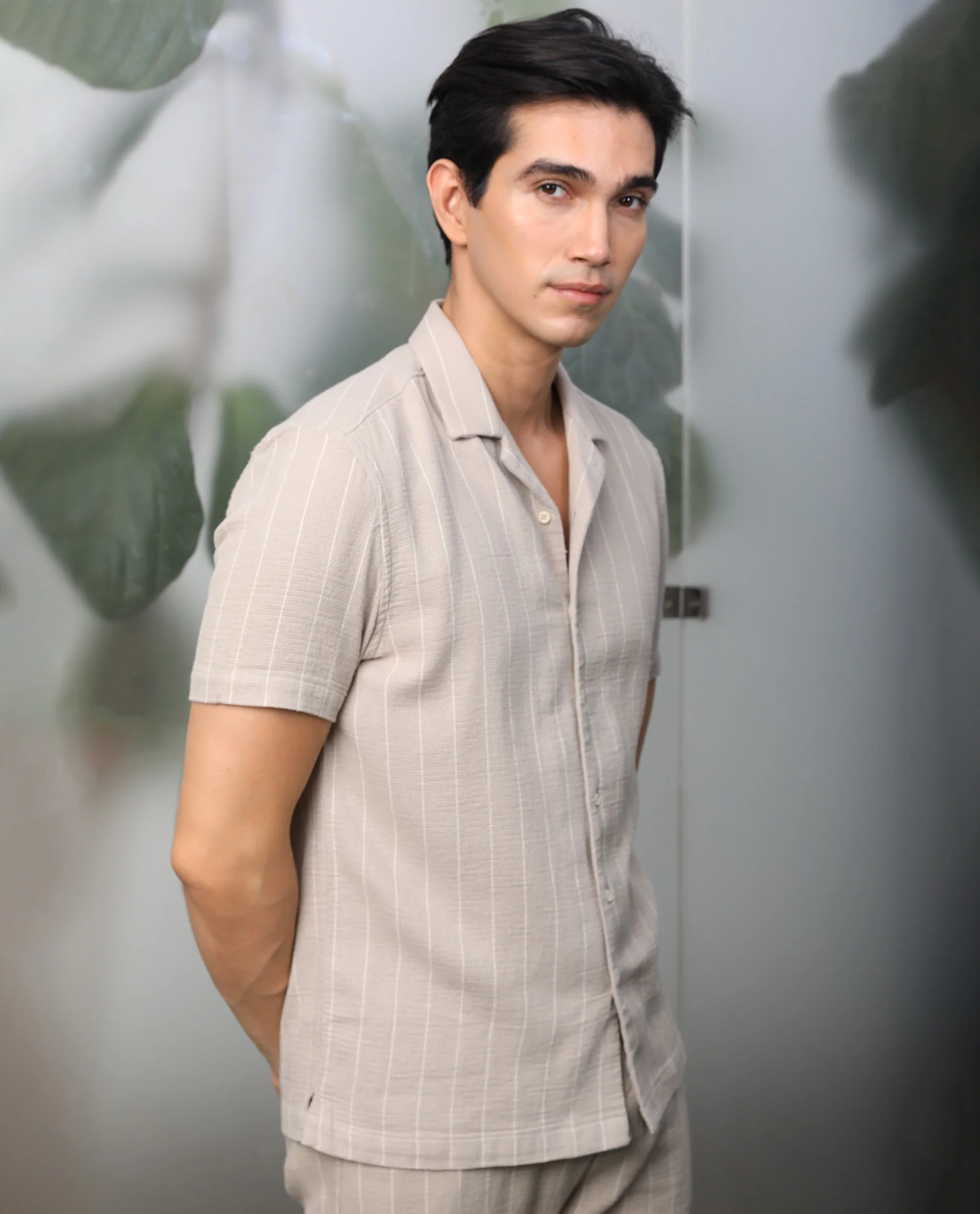 Rare Rabbit Men's Nano Beige Cotton Striped Print Regular Fit Half Sleeve Cuban Collar Shirt