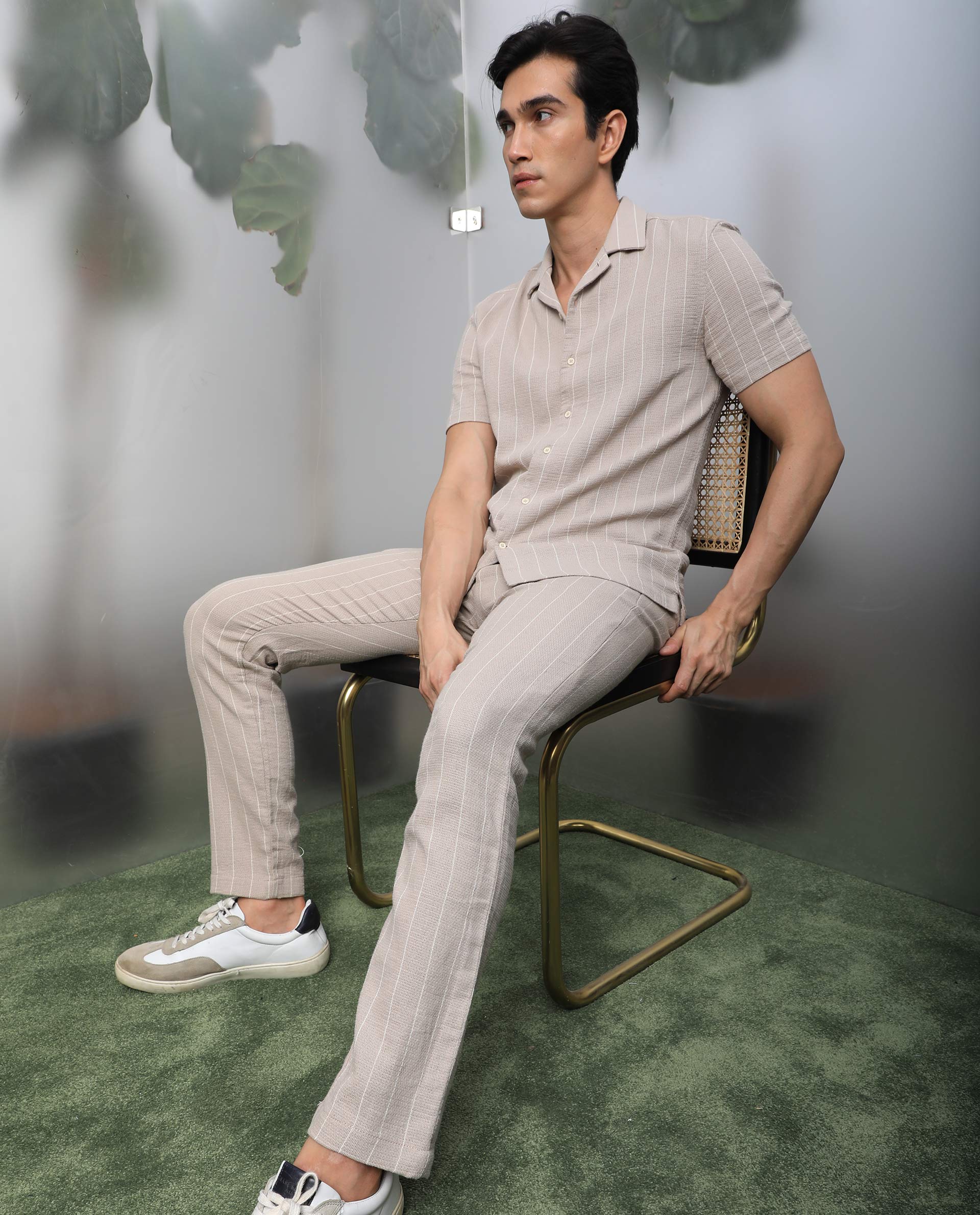 Rare Rabbit Men's Nano Beige Cotton Striped Print Regular Fit Half Sleeve Cuban Collar Shirt - Image 3